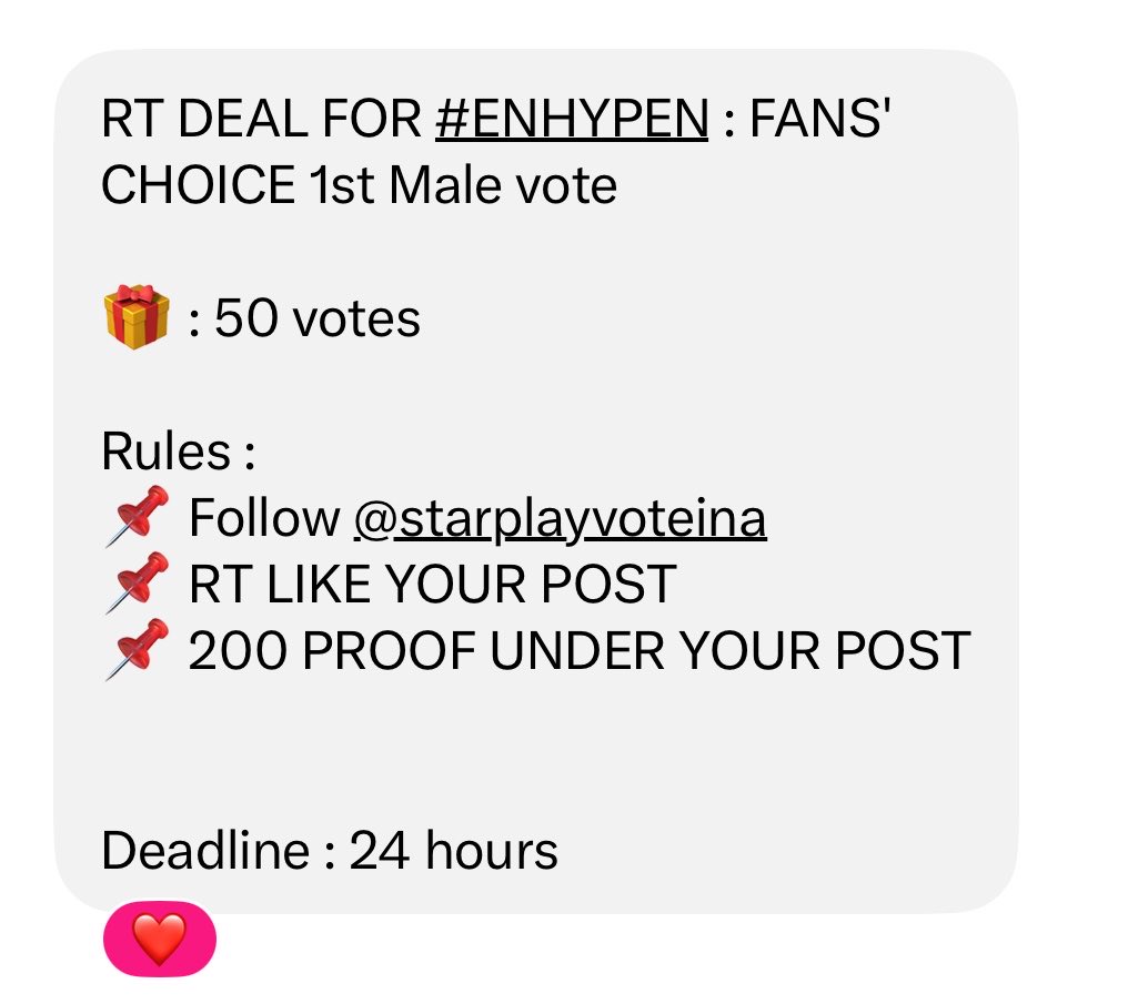 hilovepsh's tweet photo. RT DEAL FOR #ENHYPEN : FANS' CHOICE 1st Male vote

🎁 : 50 votes 

Rules :
📌 Follow @starplayvoteina
📌 RT LIKE MY POST 
📌 200 PROOF UNDER YOUR POST

Deadline : 24 hours

#ENFuelUp https://t.co/s8qKDNaAst