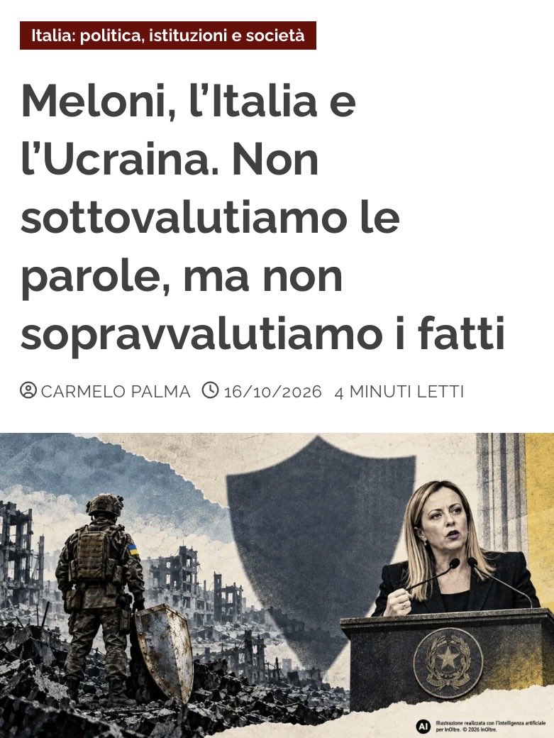 in_oltre's tweet photo. SommarioLe parole di Meloni in difesa dell’Ucraina meritano consenso, ma il sostegno italiano va misurato anche sui fatti: aiuti militari limitati, impegni mancati e prese di distanza dalle iniziative europee. La gratitudine di Zelensky non cancella la distanza tra la retorica della premier e il contributo concreto di Roma alla resistenza ucraina, soprattutto dopo il ritorno di Trump alla Casa Bianca. 

Carmelo Palma su InOltre. Il link nel primo commento