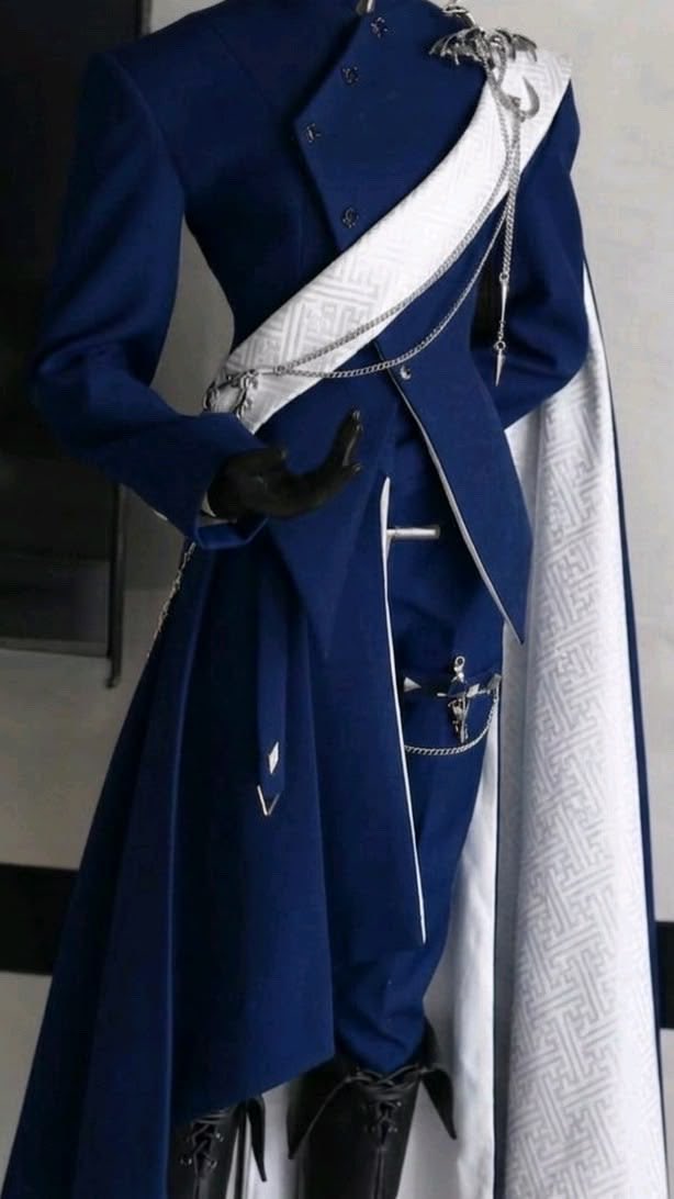 crimsonheirloom's tweet photo. regal blue and white ensembles with flowing capes, silver chains, and striking royal details https://t.co/n9ihqsmJwJ