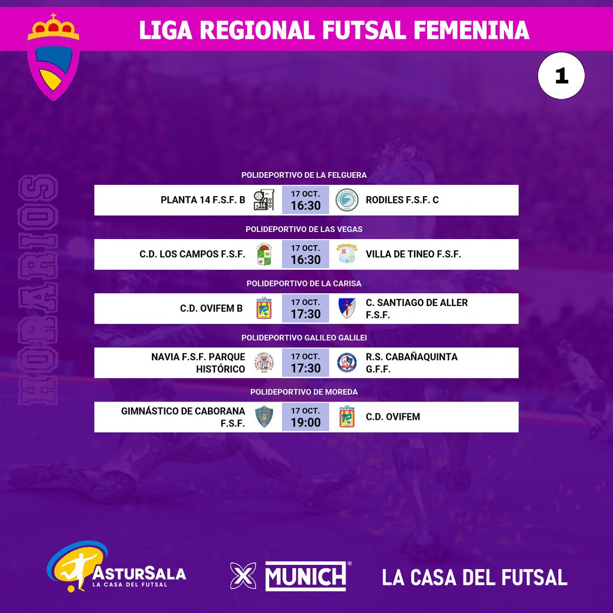 astursala's tweet photo. 🟣 LIGA AUTONOMICA ASTURIAS
✍️ Consulta los horarios de la jornada
📎 https://t.co/clPqNmaZUo
#FutSalFem | #SoloFutsal # https://t.co/dJXQMPKAp7