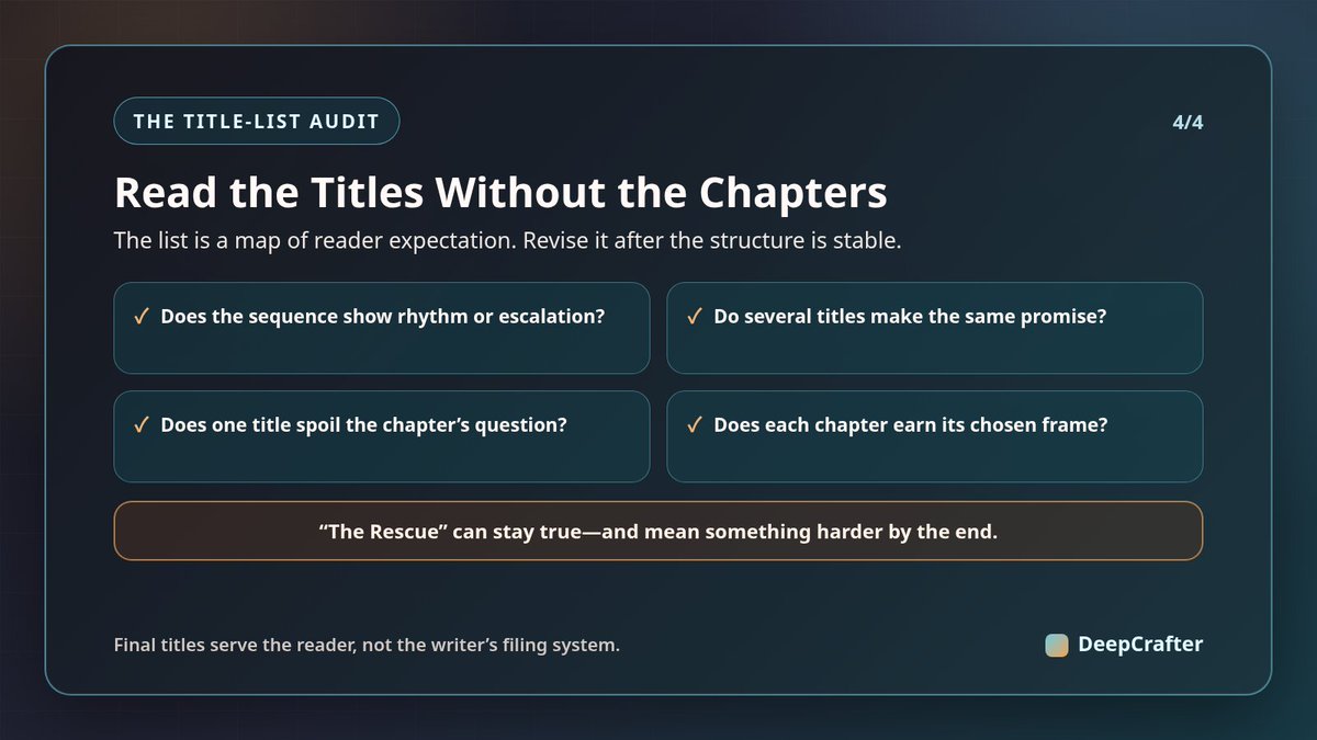 DeepCrafter_AI's tweet photo. Chapter titles go flat when they merely label what happens.

A useful title frames how the reader enters: it can orient, withhold, bias, or create a question the chapter complicates.

Treat the title as the first sentence of the reading experience. 🧵

#WritingTips #StoryCraft https://t.co/NXFamWsL3W