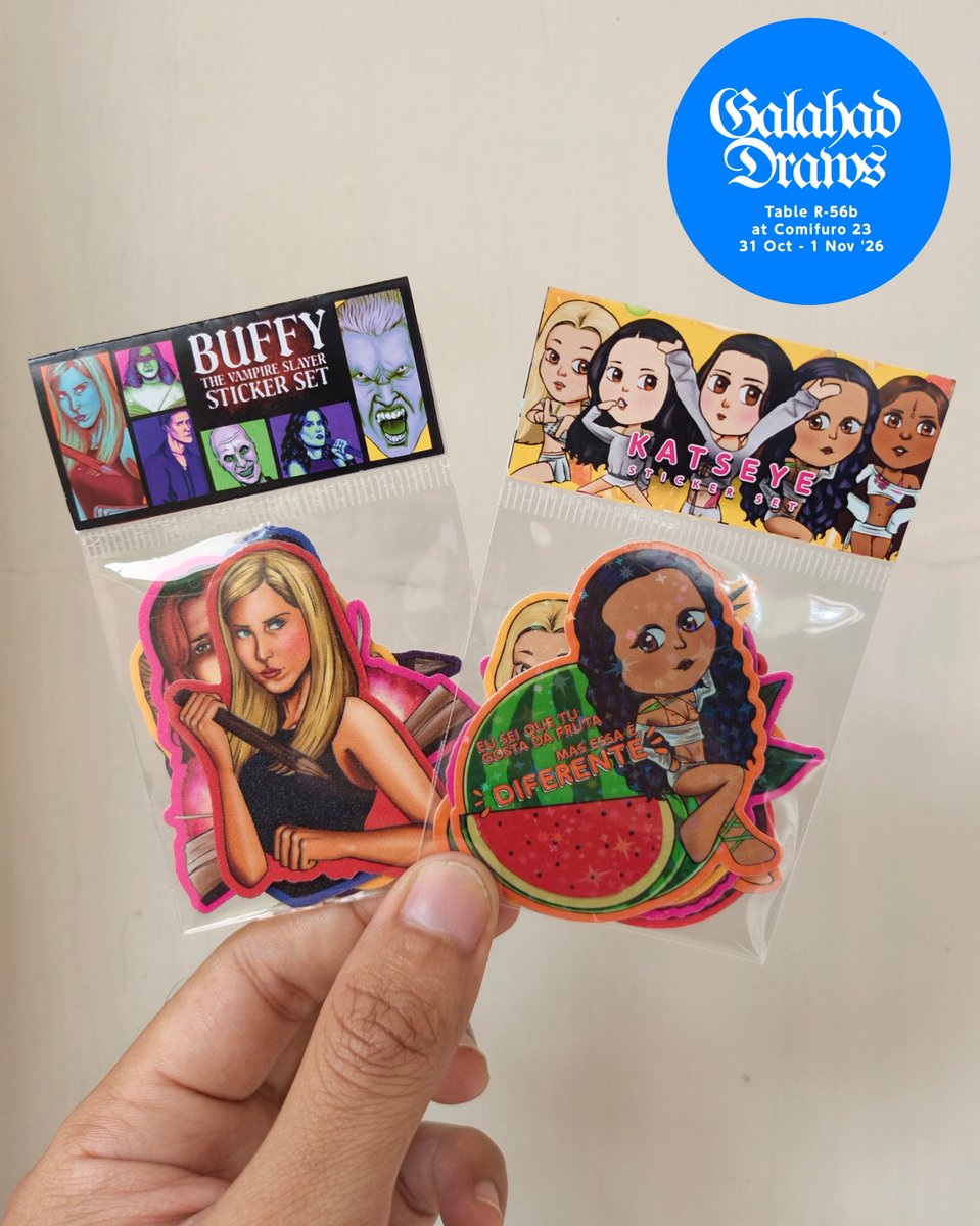 galahaddraws's tweet photo. KATSEYE Hootie Frutti and Buffy The Vampire Slayer Sticker Set for #CF23! Also sold separately 😘
#katseye #btvs #comifuro23 #comifuro23catalogue https://t.co/NOfHgS6D1D