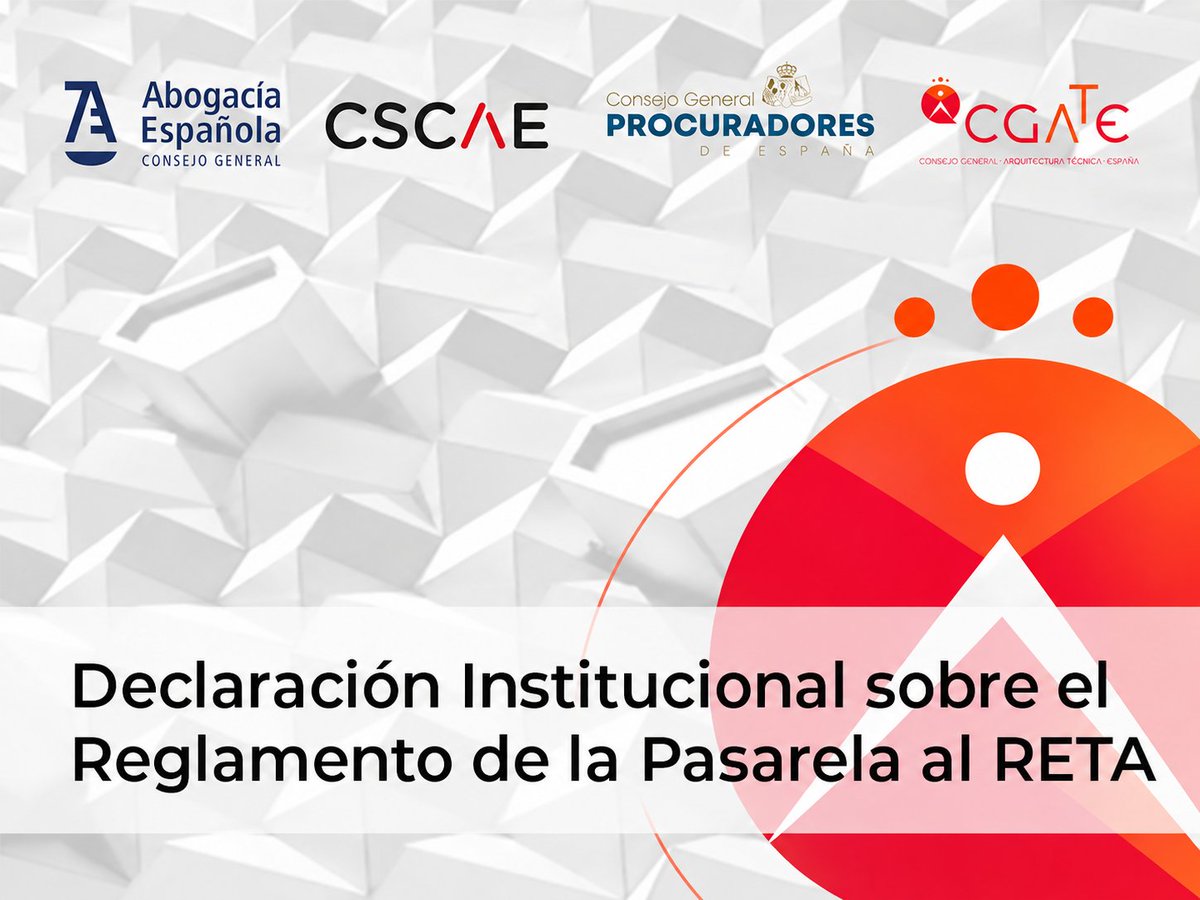 CGATEsp's tweet photo. Las instituciones profesionales @CGATEsp, @Abogacia_es, @CSCAE  y @ProcuradoresE piden a la ministra Elma Saiz acelerar la Pasarela al RETA y aprovechar el Consejo de Ministros del 20 de octubre para avanzar.

➕150.000 profesionales necesitan seguridad jurídica para su futuro. https://t.co/WNd9sjn7HC