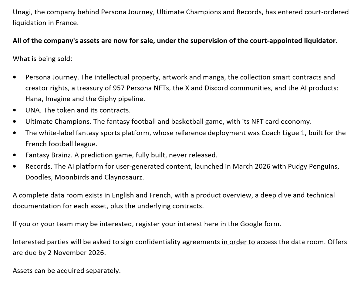 Persona_Journey's tweet photo. Unagi, the company behind Persona Journey, Ultimate Champions and Records, has entered court-ordered liquidation in France.

All of the company's assets are now for sale, under the supervision of the court-appointed liquidator.

Register your interest: https://t.co/EzGY71o4Ii https://t.co/OmoBYXsGaI