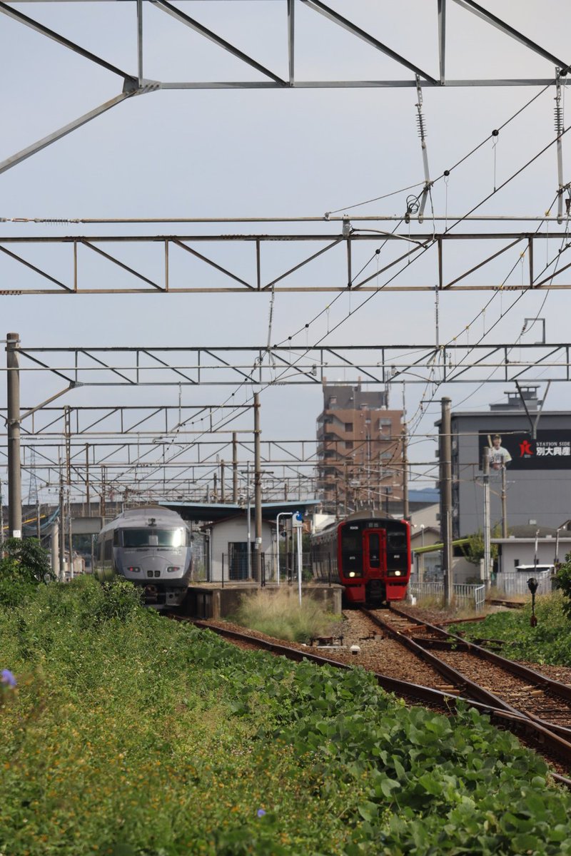 jikko680687's tweet photo. 【今日の787系Vol.2】2026/10/16(Fri)
5007M特急にちりん7号 大分12:09発 宮崎空港行き(宮崎空港15:51着)
787系 BO6101編成(分オイ) ※営業車検測装置搭載車両

※上り列車(4644M813系RM3430)と離合のため坂ノ市駅で運転停車(所定)

#787系 #BO6101 #大分車両センター #日豊本線 #大在駅 #坂ノ市駅 https://t.co/ReTuCVaJf5