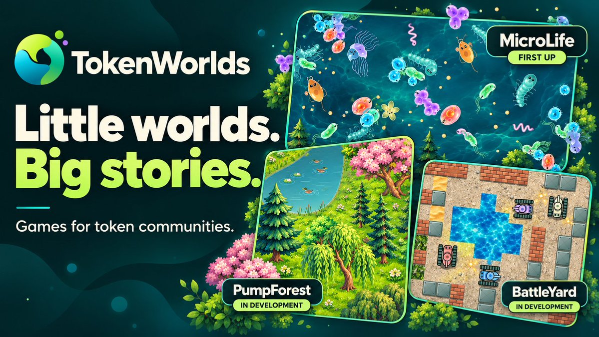 TokenWorlds2026's tweet photo. Meet TokenWorlds 🌍
Little worlds. Big stories.
We're building browser games and living worlds for token communities.

First up: MicroLife 🦠
PumpForest &amp; BattleYard are in the works.

Follow the build. Help shape what comes next.
#TokenWorlds https://t.co/PzGAPlLEd2