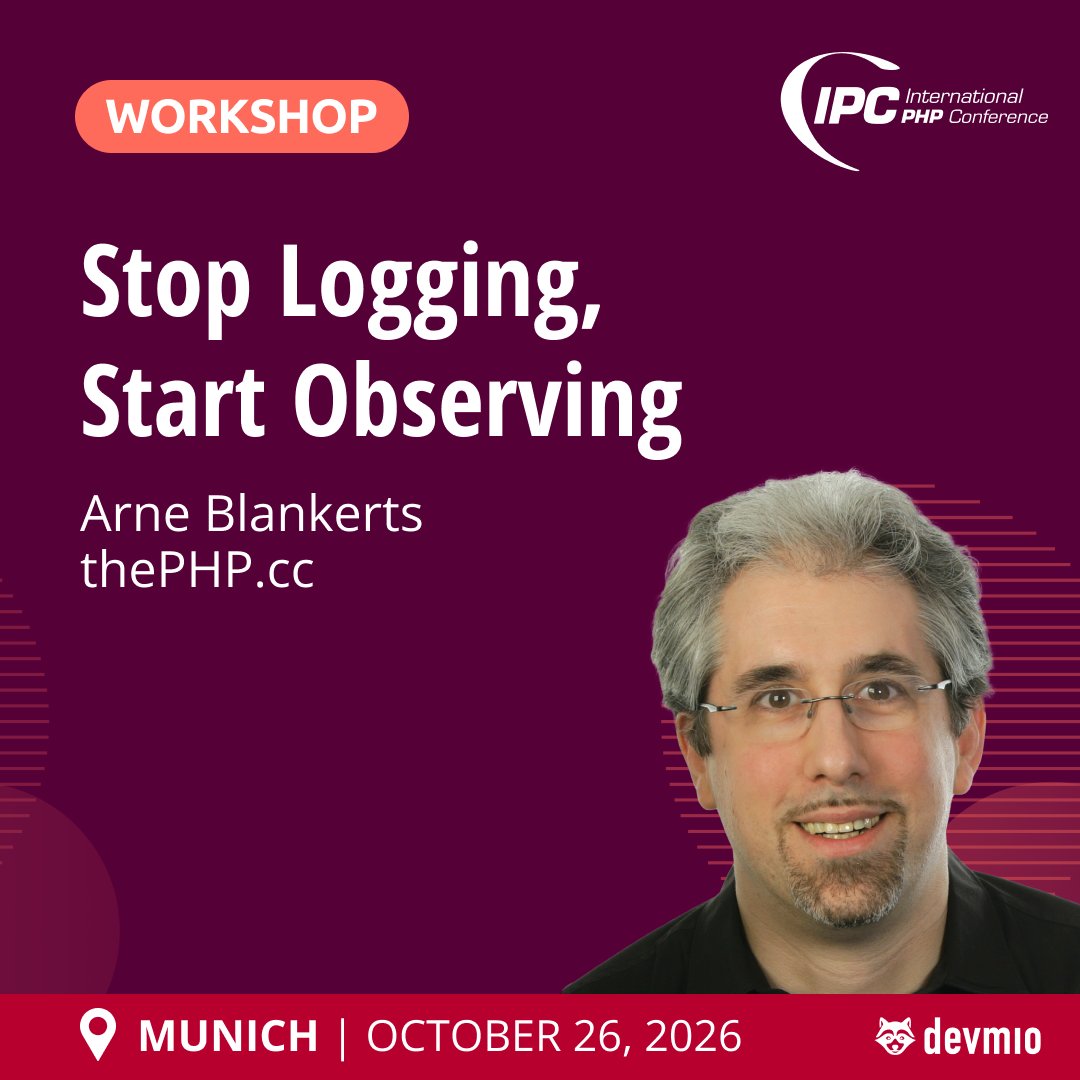 phpconference's tweet photo. 🔍 Too many logs, not enough answers?

At #IntPHPcon Munich, part of Agentic Web Week, Arne Blankerts shows you how to:
📊 Less noise
🛠 Faster debugging
🚀 Better insights

📅 Wednesday, October 28, 2026 | 🕘 11:45 - 12:30 | 📍 Munich

🔗 https://t.co/qxy68yKvlM

#PHP #Debugging https://t.co/V7lqZDJQd6