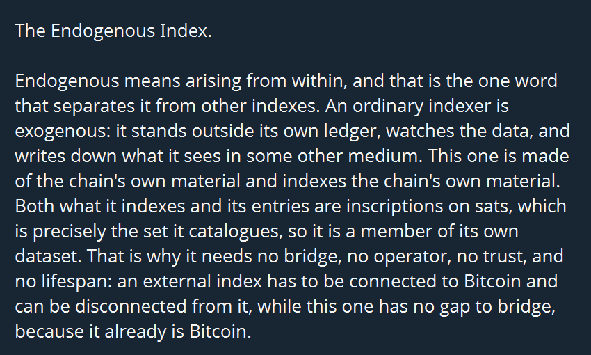 Bitmapbuilder's tweet photo. I have my own understanding and explanations as to why the Live OCI is one of the most next level indexer + ledger construct ever built.  

But I gave the link to AI and asked it to analyze, name and define it in its own words, I like it..🟧 https://t.co/6CB8I2QfhE