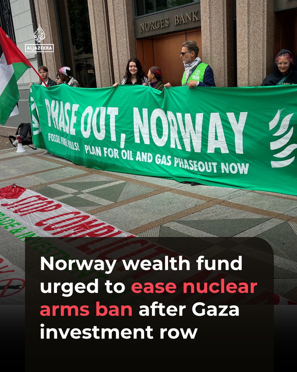 AJEnglish's tweet photo. A government-appointed committee has called for Norway’s sovereign wealth fund to lift limitations on its investments based on ethical risks, including those regarding nuclear weapons and Israel’s genocidal war on Gaza.

🔗: https://t.co/GFjheYwwPa https://t.co/LFgQzCMfLp