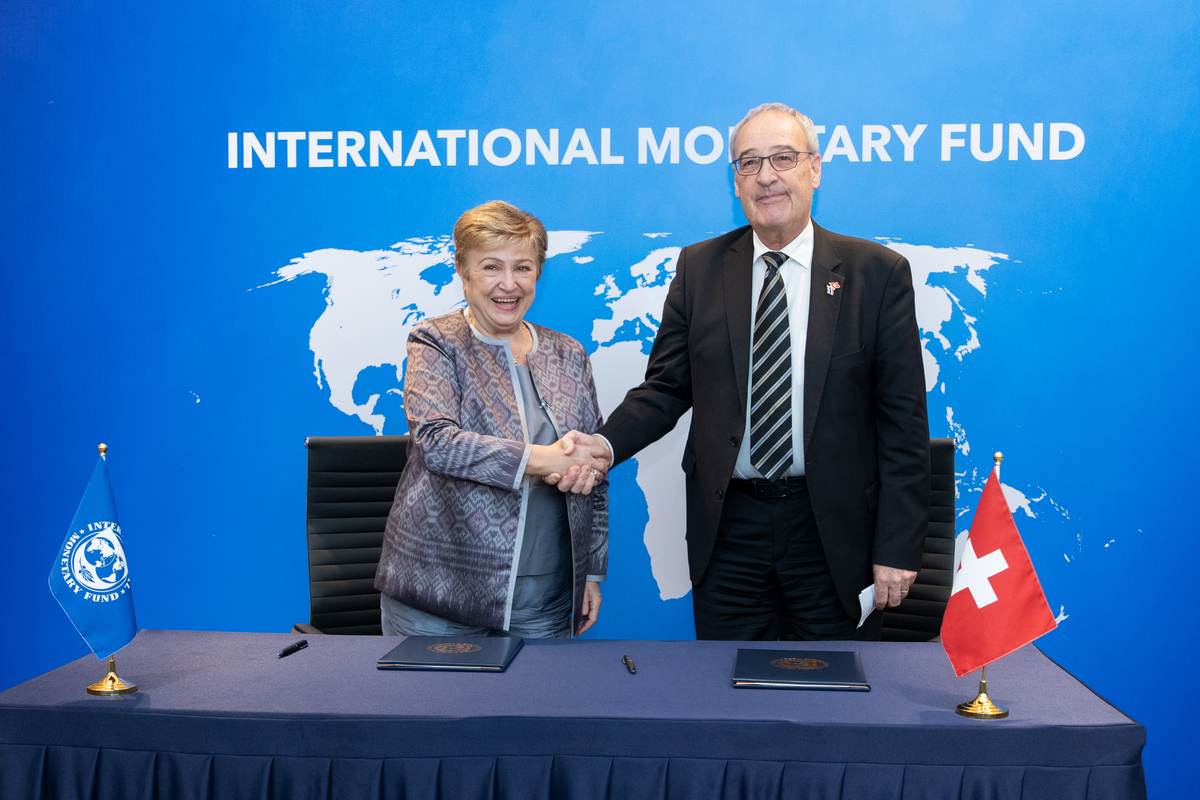 KGeorgieva's tweet photo. I am delighted to sign a new partnership with Swiss President @ParmelinG today: CHF 40 million from Switzerland for IMF capacity development over five years. Thank you to Switzerland for your longstanding commitment and engagement, even in these uncertain times. https://t.co/gglMkxIH5k