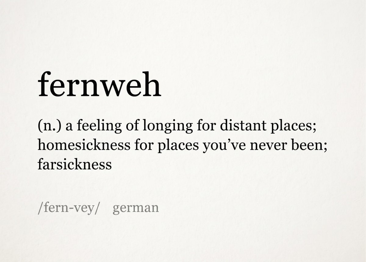 Illusionist1985's tweet photo. كلمة اليوم :

فيرنڤيه”Fernweh” :
هي كلمةٌ ألمانيةٌ تعني الحنين إلى البعيد أو الشوق للسفر والترحال إلى أماكن لم يسبق لك زيارتها قط https://t.co/RQYMK11xCB
