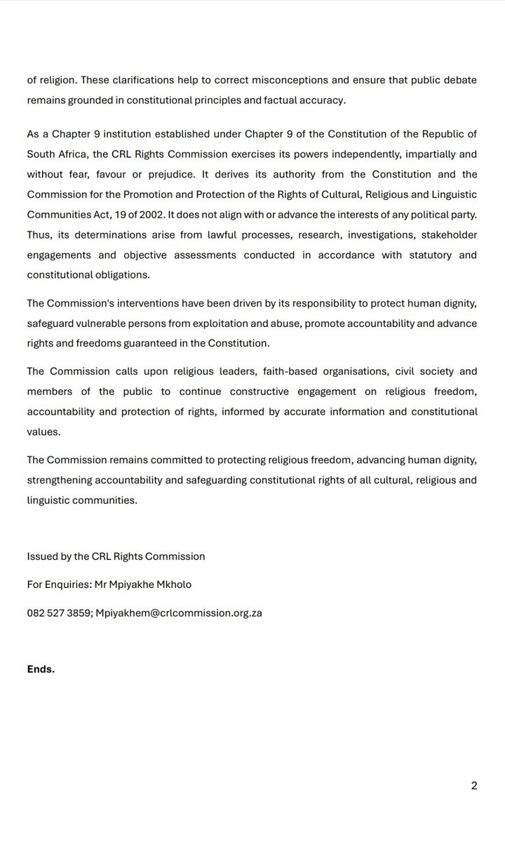 CRL_Commission's tweet photo. [BREAKING NEWS] 
CRL welcomes the ANC media statement of 13 Oct 2026 reaffirming the constitutional right to freedom of religion and clarifying that the accountability framework under discussion in the religious sector is premised on self-regulation rather than state regulation. https://t.co/lSKARpUK1U