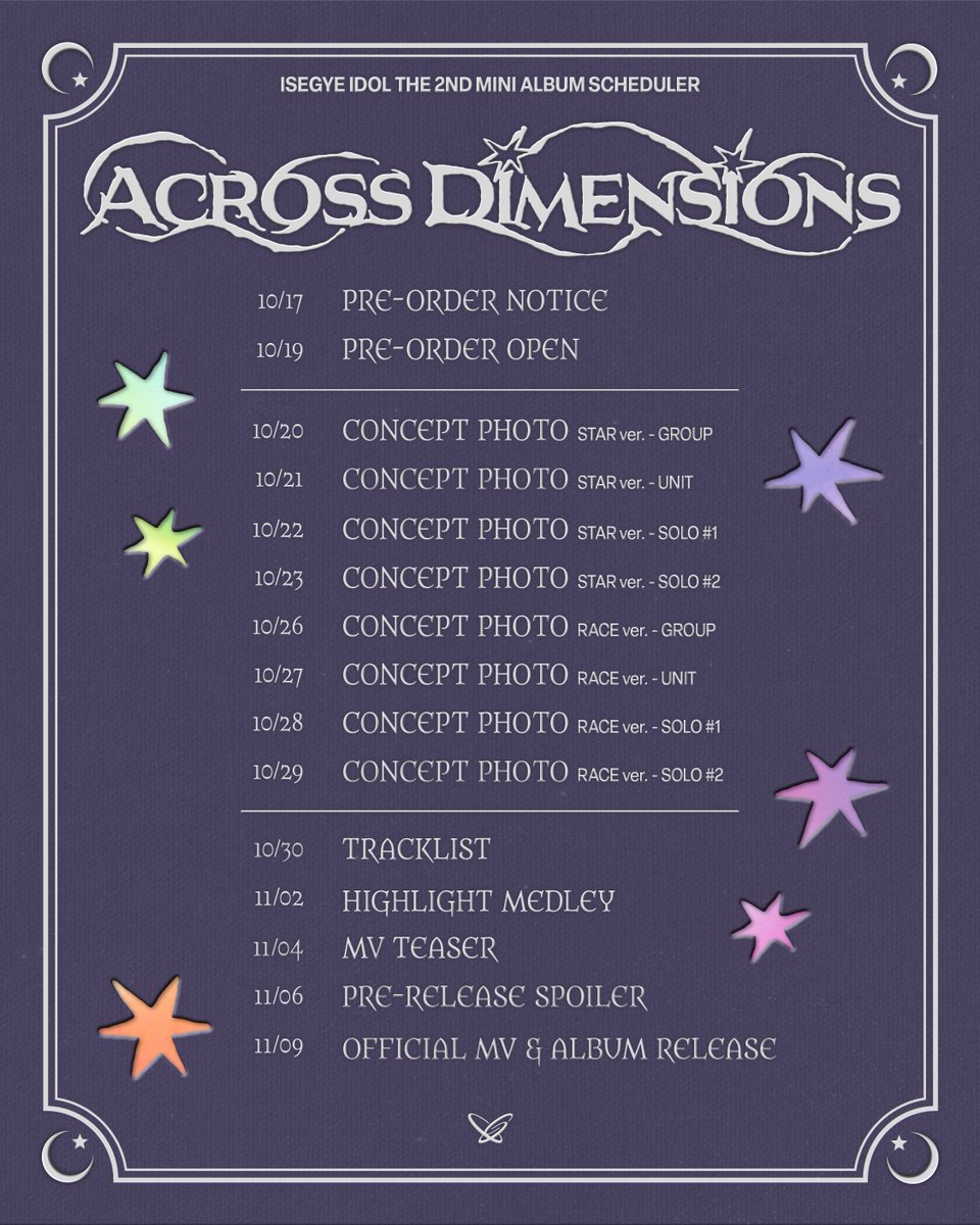 vidolpromoter's tweet photo. ISEGYE IDOL announce and share the Schedule Poster for their 2nd Mini Album "Across Dimensions".  

It will be released on November 9, 6 PM (KST). https://t.co/XC8Q1ZCPEM