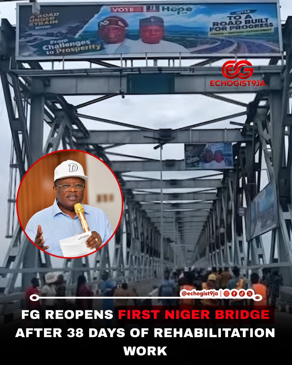 echogist9ja's tweet photo. The Federal Government has reopened the First Niger Bridge following 38 days of rehabilitation work.

38 days of closure is finally over! Motorists travelling between Asaba and Onitsha can now breathe a sigh of relief.

#echogist9ja https://t.co/0zlT8YySAE