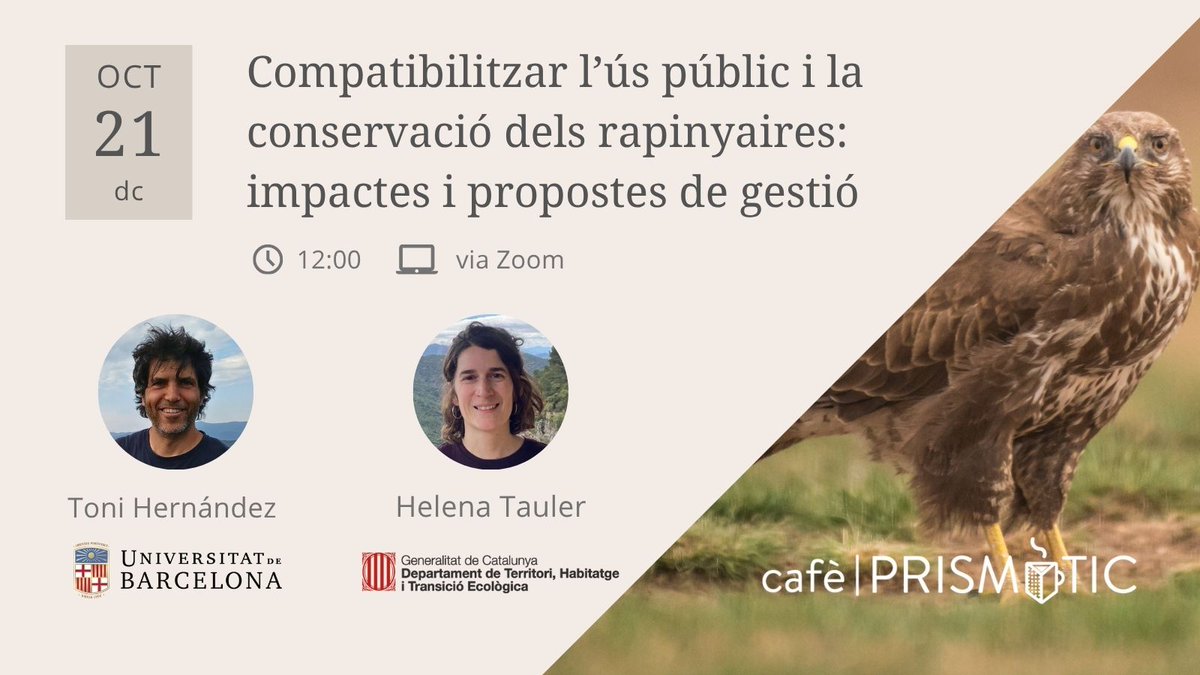 Prismatic_nat's tweet photo. 🦅 Podem gaudir de la #natura sense comprometre espècies més sensibles com els rapinyaires? 🧗‍♀️ #cafèPrismàtic ☕️ amb Toni Hernández de @IRBioUB i Helena Tauler de @gencat on veurem: 
🔸 Com detectar zones de conflicte 🪺
🔸 Com aplicar-ho a la gestió 🔧
📝 https://t.co/9QDwrLl2T4 https://t.co/Igo1KqaEhj