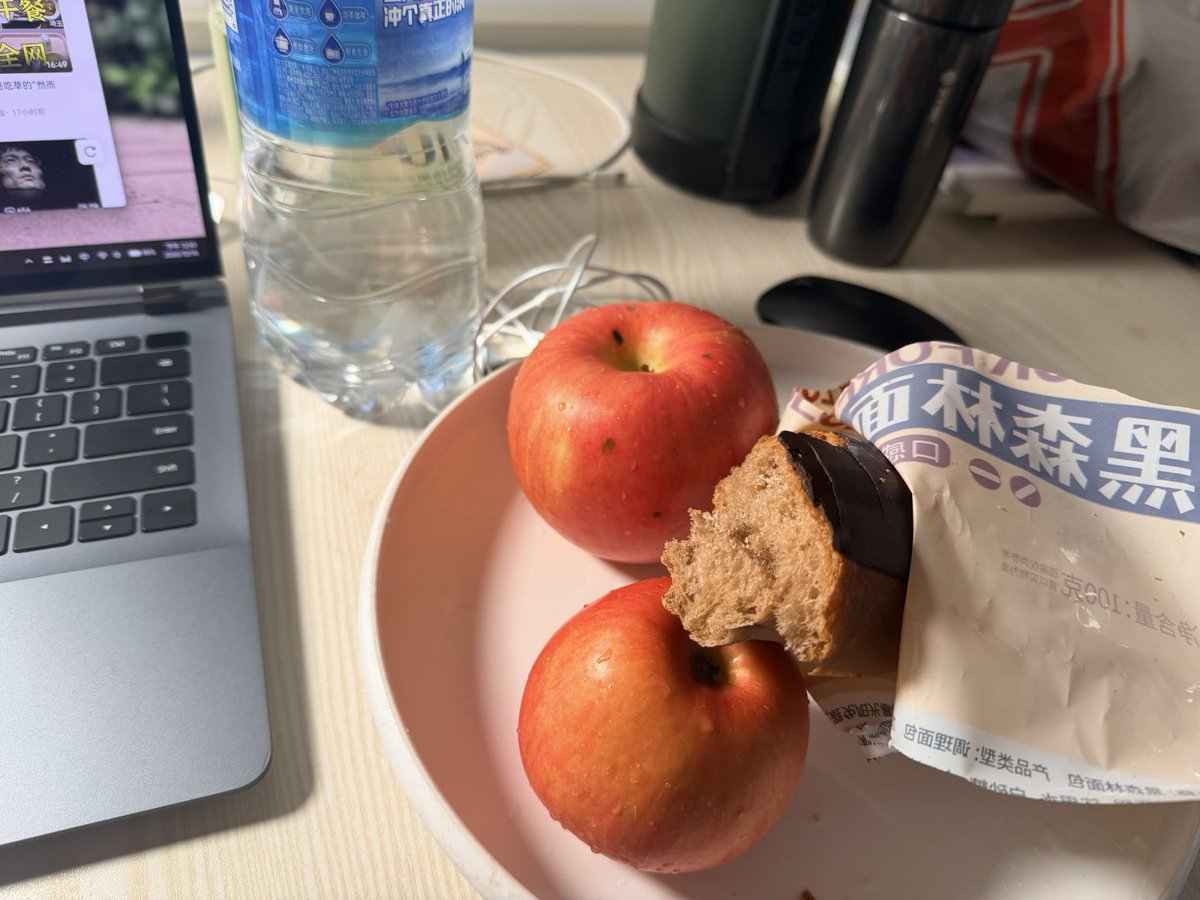 Frishship's tweet photo. 食堂的饭太咸，害得我发���喉咙疼，只能吃点减肥餐了（吃完饱腹感还行，而且这是社团送的俩苹果） https://t.co/sQFbRZ3caD