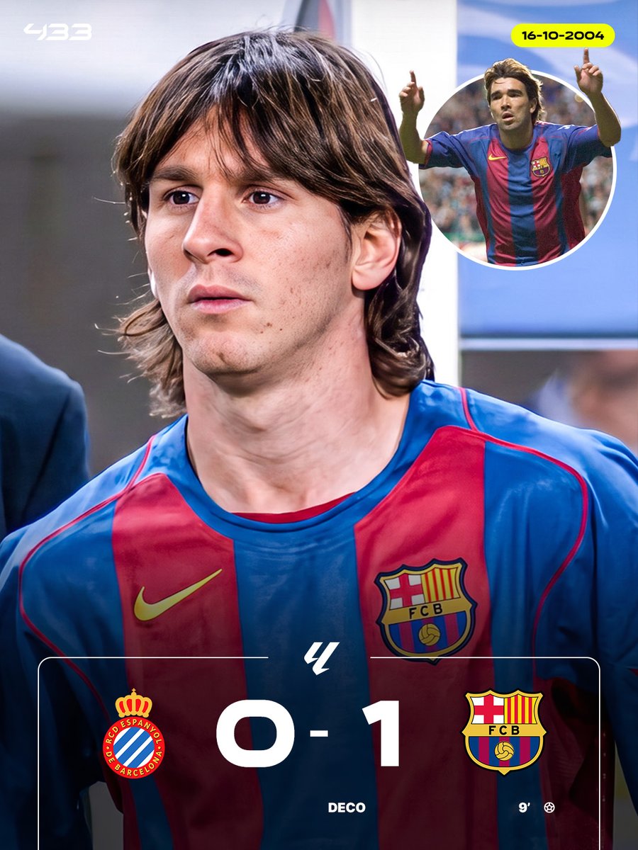 433's tweet photo. 22 years ago today, Lionel Messi made his official debut for Barcelona. 𝑻𝒉𝒆 𝒓𝒆𝒔𝒕 𝒊𝒔 𝒉𝒊𝒔𝒕𝒐𝒓𝒚 🥹

On October 16, 2004, a 17-year-old Messi stepped onto the pitch against Espanyol in the 82nd minute, wearing the number 30 shirt 🔵🔴

Messi replaced Deco, an iconic substitution that marked the beginning of a legendary era 🔄

Nobody knew it at the time, but 𝒇𝒐𝒐𝒕𝒃𝒂𝒍𝒍 𝒉𝒊𝒔𝒕𝒐𝒓𝒚 was being made that night ✨