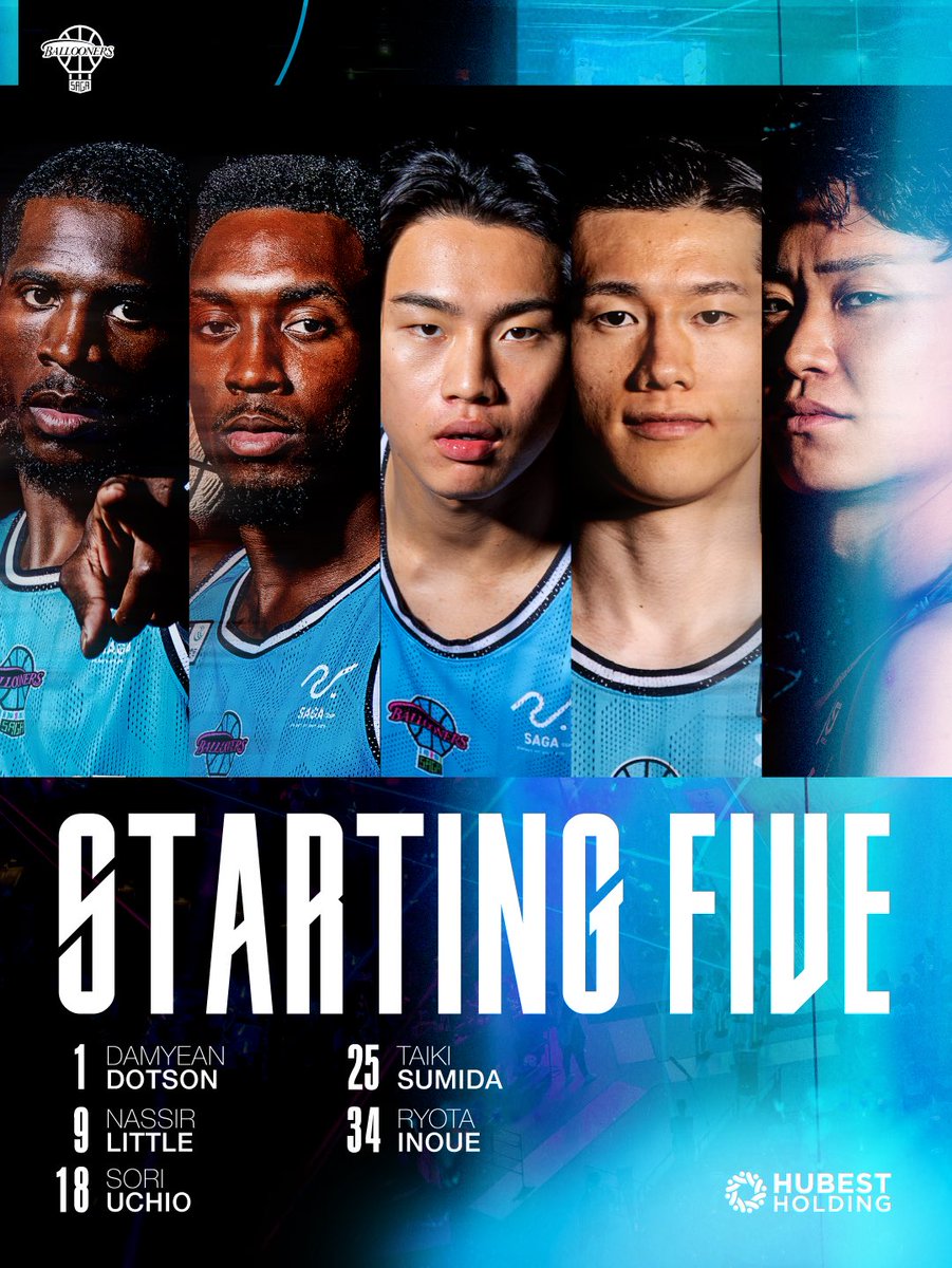 SagaBallooners's tweet photo. 《 𝐒𝐓𝐀𝐑𝐓𝐈𝐍𝐆 𝐅𝐈𝐕𝐄 》

りそなグループ B.LEAGUE 2026-27 
B.PREMIER リーグ戦 10/16(金) vs.北海道

#1 デイミアン・ドットソン
#9 ナシール・リトル
#18 内尾聡理
#25 角田太輝
#34 井上諒汰

📡 バスケットLIVEはこちら
https://t.co/yvXOGWHxdJ

#佐賀バルーナーズ https://t.co/V9jJNwThv3