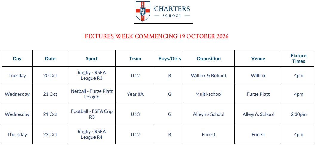 PeCharters's tweet photo. W.B 19.10.26

Club cancellations:
Thursday - All Years Rugby 

Fixtures: https://t.co/Ctf316PvyY