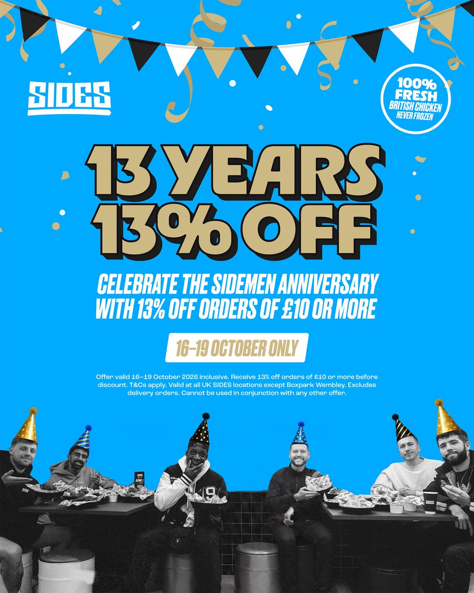 eatsides's tweet photo. THE CELEBRATIONS HAVE STARTED EARLY 😏

13 years of @Sidemen 
11 flavours 🔥
One big celebration 🎉 https://t.co/dLIOhqqVoq