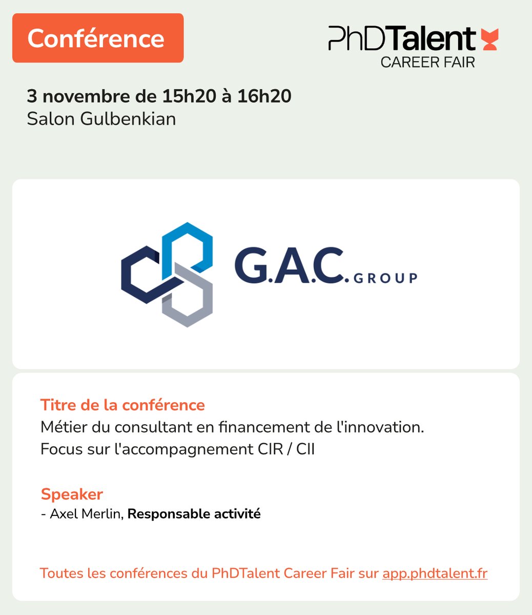 PhDTalent's tweet photo. 1/3

📣 PhD, et si vos compétences scientifiques vous ouvraient les portes du conseil en innovation ?

À l’occasion du PhDTalent Career Fair 2026, G.A.C. Group (GAC) France vous invite à découvrir le métier de consultant en financement de l’innovation lors d’une conférence : https://t.co/Xu99wl4m5V
