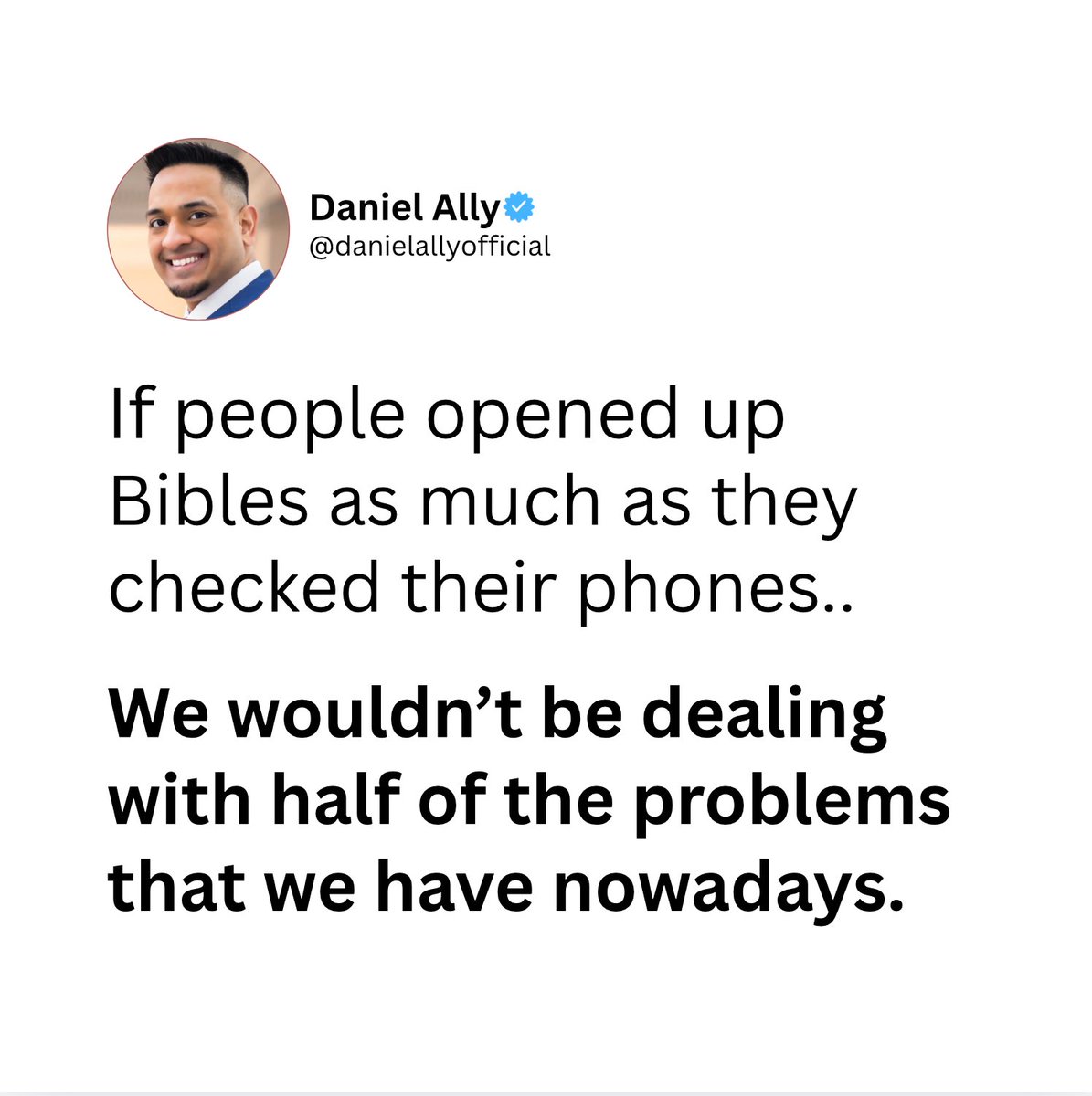 danielallyway's tweet photo. OPEN UP YOUR BIBLE! 📖

It will teach you everything you need to know.

Here are the three versions I enjoy reading the most:

- The Living Bible (TLB)
- King James Version (KJV)
- Contemporary English Version (CEV)

Some quick Bible facts: 

- The Bible is the world’s bestselling and most influential book.

- It was written in three difference languages (Greek, Hebrew, and Aramaic) by 40 different authors. The Holy Bible is also a compilation of 66 different books!

- This amazing book has transformed my life. I’ve read the Bible entirely multiple times. I cannot go a day without reading it!

- Start with the four Gospels (Matthew, Mark, Luke, and John). It explains the greatest truth you’ll ever find in the shortest amount of time!

Type AMEN if you’re ready to read your Bible!👇🏽

- Daniel Ally