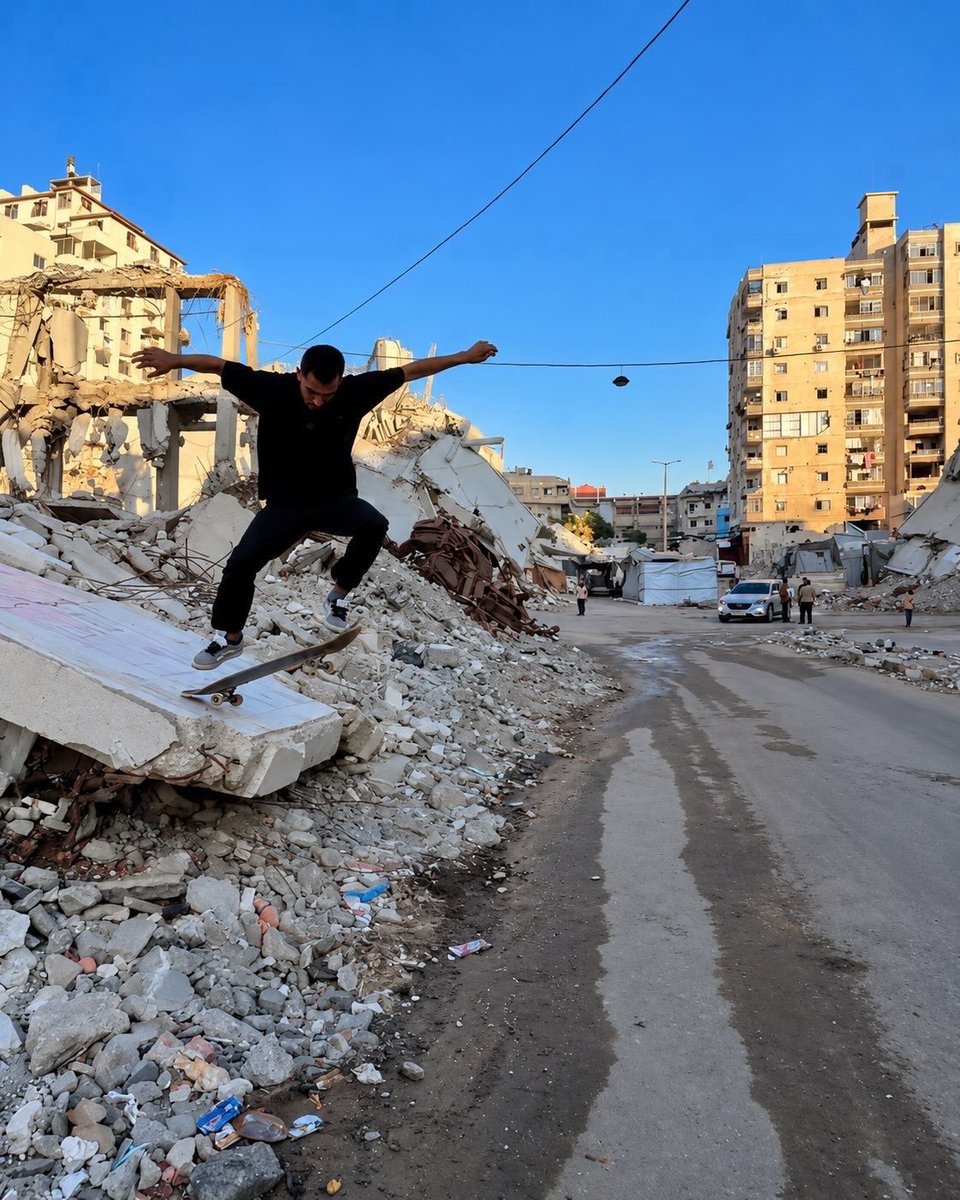 Iman4ii's tweet photo. Palestinian skaters in Gaza continue skateboarding among destroyed buildings and damaged streets despite the war https://t.co/OFsYEkGdA4