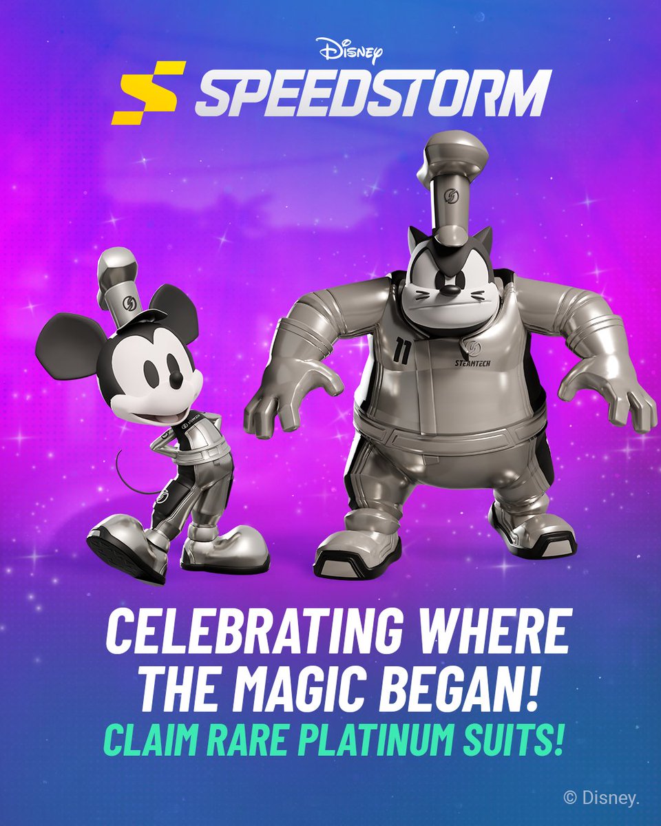 SpeedstormGame's tweet photo. Celebrate where the magic began - today is The Walt Disney Company anniversary!

Redeem code PLAT1NUM to claim rare Centennial Platinum suits for Steamboat Mickey and Steamboat Pete!

Redeem it in game or on the website - https://t.co/dsTalRjtoh The code is valid until October 23, 2026!