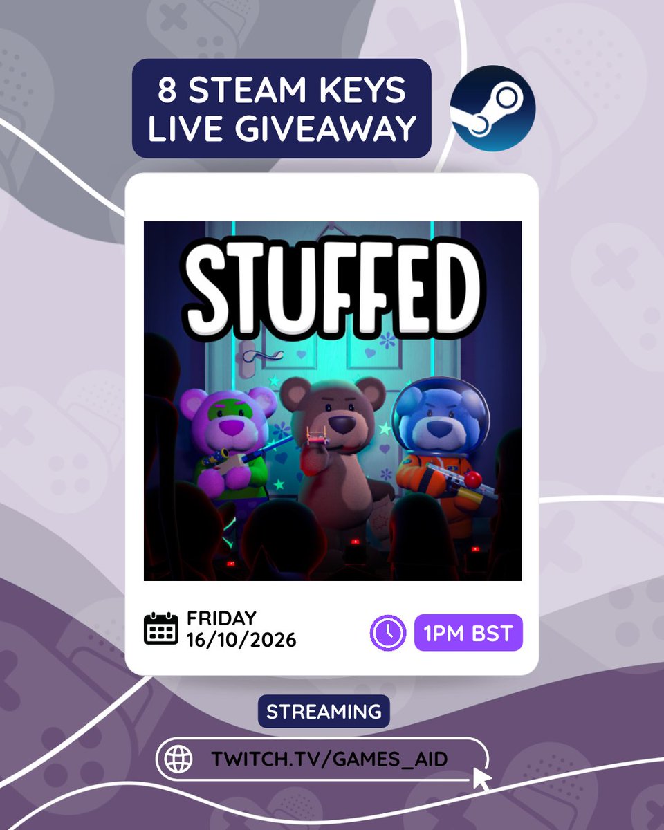 GamesAid's tweet photo. Join us live for our giveaway at 1 pm 🔴

Giving away 8 Steam keys for STUFFED 🐻

👉https://t.co/Kpmbz8wAX2

#givaway #steamkey #gamecodes #steam #twitch #gamesaid #games #stuffed https://t.co/YHkkmtIoST