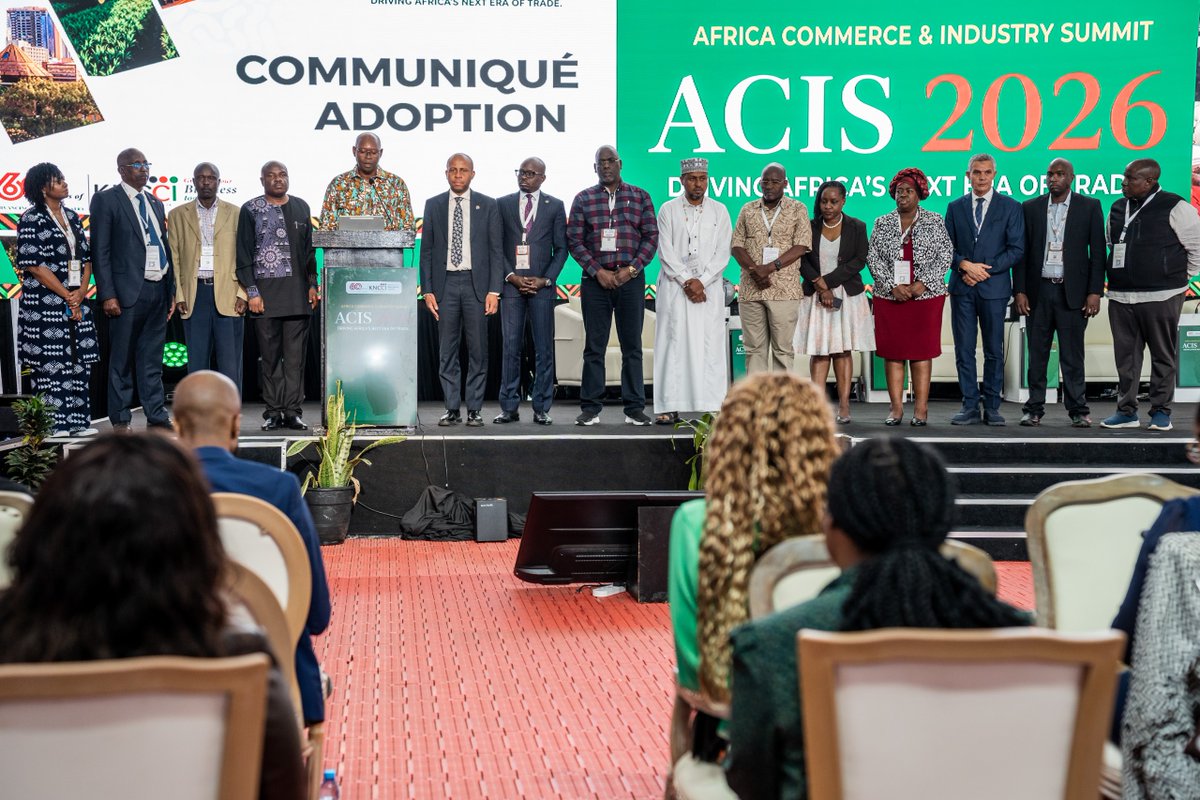 kenya_chamber's tweet photo. COMMUNIQUÉ OF THE AFRICA COMMERCE AND INDUSTRY SUMMIT (ACIS) 2026
Industrialization, Value Addition and Beneficiation
Agriculture, Food Systems, Green Economy and Climate Resilience
The Summit emphasized the need to invest across the entire agricultural value chain, from quality inputs and farmer training to processing, market access and finance. Contract farming, farmer aggregation and the Warehouse Receipt Council were highlighted as ways to reduce post-harvest losses, improve market access and enable farmers to access credit.
Participants called for local processing, harmonization of standards, cold-chain infrastructure and stronger collaboration between farmers, government and the private sector.
#ACIS2026 #KNCCI60 #AfricasNextEraOfTrade #AfCFTA