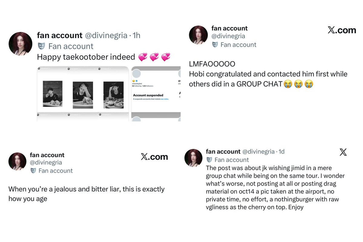 Jiminreport_'s tweet photo. not a single original or creative cell in taekookers’ bodies. their entire existence revolves around obsessing over jm and spreading made up buIIshit. jm has been loved and cherished all month, as always and they’ve gone extremely rabid over it. report this account and help get them gone.

🔗 https://t.co/Q0AmV9G9C4
permanent link: https://t.co/8XTy7Ppb4Z