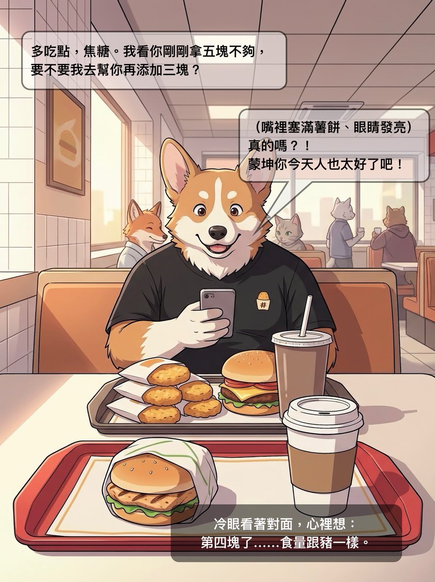 gsd_mongkhon's tweet photo. 【蒙坤日常 01】
蒙坤與焦糖的週末早餐日常。只要焦糖賴床，趕在早餐截單前出門就是一場極限拉鋸戰。從起床時的拉扯被子、街頭的快步催促、點餐機前極速加點五塊薯餅，到最後滿桌食物的對坐用餐。

💬「五塊薯餅真的夠你吃嗎？」

#蒙坤Mocha #GSD #蒙坤日常 #獸人漫畫 #日常視覺小說 https://t.co/t5qGejxEt3