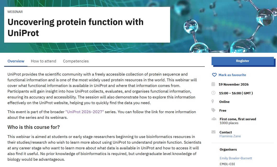 uniprot's tweet photo. New UniProt webinar: Uncovering protein function with UniProt. 
Learn where UniProt data comes from: the journey from experimental discovery and literature curation to integration in UniProtKB.
Thursday 19th November, 15.00 (GMT). 
Register now: https://t.co/4yBnNA2r9j https://t.co/Nk8BmFMHqV