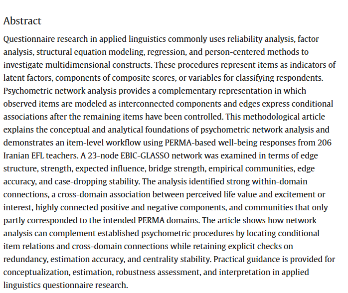 RMALJournal's tweet photo. New article: 
Xodabande, I. (2026). Psychometric network analysis of questionnaire data in applied linguistics. Research Methods in Applied Linguistics, 5(3), 100384: https://t.co/BkYr0zQcTr https://t.co/LXKFx2LnpG