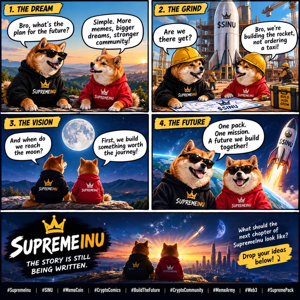 xSupremeInu's tweet photo. The Dream 💭 Inu #1: “Bro, what’s the plan for the future?” Inu #2: “Simple. More memes, bigger dreams, stronger community!”

The Grind 🔨 Inu #1: “Are we there yet?” Inu #2: “Bro, we’re building the rocket, not ordering a taxi!” 😂

The Vision 🌕 Inu #1: “And when do we reach the moon?” Inu #2: “First, we build something worth the journey!”

The Future 👑 Both Inu dogs: “One pack. One mission. A future we build together!”

🔥 SUPREME INU — THE STORY IS STILL BEING WRITTEN.

What should the next chapter of SupremeInu look like? Drop your ideas below!

#SupremeInu $SINU #MemeCoin #CryptoComics #BuildTheFuture #CryptoCommunity #MemeArmy  #SupremePack