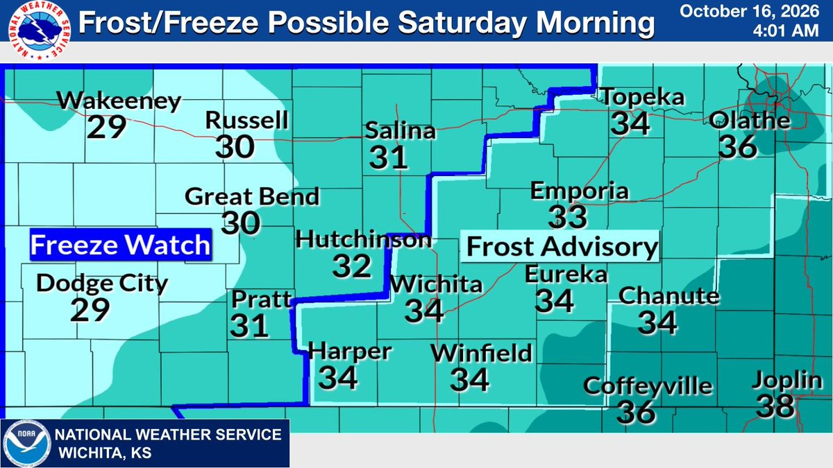 NWSWichita's tweet photo. The first frost/freeze of the season is possible late Tonight into Saturday morning with lows around 30 in some areas. Those with sensitive plants should take action to protect them.   #kswx https://t.co/VEOXErlntM