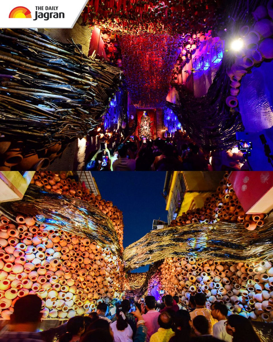 TheDailyJagran's tweet photo. #InPics | Devotees flocked to Kolkata’s Nalini Sarkar Street Durga Puja pandal on Friday to admire the stunning idol of Goddess Durga and the intricate artwork created by renowned artist Sanatan Dinda, with this year’s artistic display centred on the captivating theme of ‘Jalalipi’.

#DurgaPuja #Kolkata #GoddessDurga #Jalalipi #DurgaPuja2026

[Kolkata Durga Puja, Nalini Sarkar Street, Goddess Durga, Sanatan Dinda, Jalalipi Theme, Durga Puja Pandal, Devotees, Festive Celebrations, The Daily Jagran]