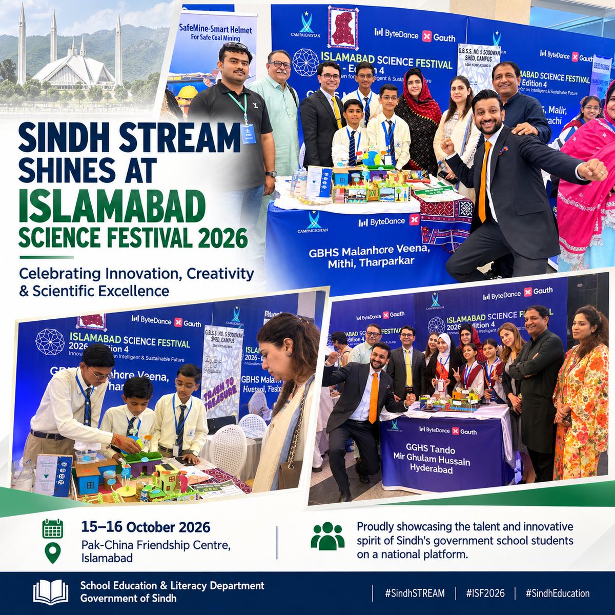TahirBaloch46's tweet photo. A proud moment for Sindh! Our talented government school students are proving that brilliance knows no boundaries. Their innovation and creativity at Islamabad Science Festival 2026 deserve great appreciation. Keep shining, Sindh!
#SindhEducation #SindhSTREAM https://t.co/7nN7U7rsAs