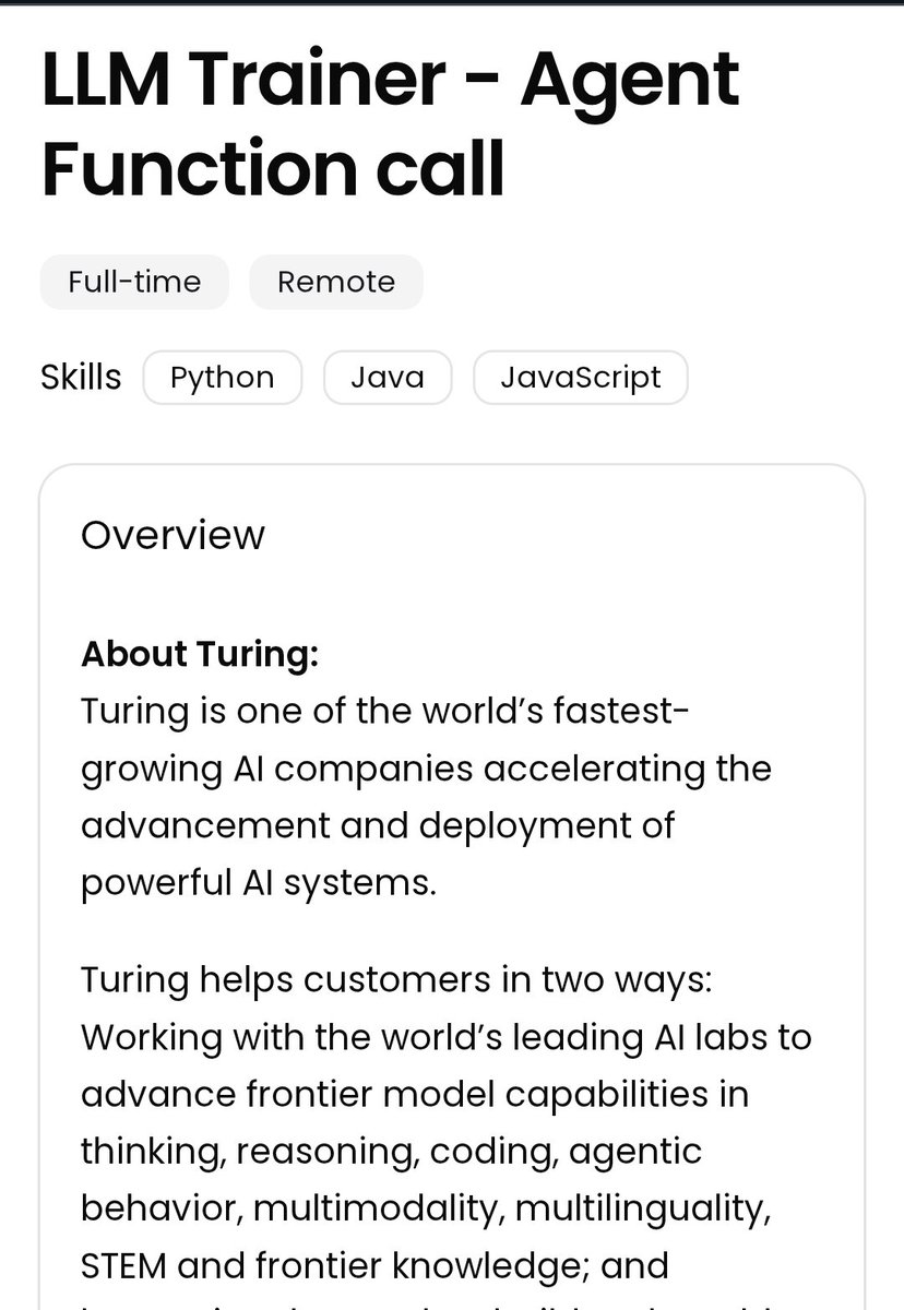 ai_workflowlab's tweet photo. TURING IS HIRING: LLM TRAINER – AGENT FUNCTION CALL!

Remote | 6-week contract
Freelance opportunity with a leading AI company

Your role:
Create realistic AI assistant conversations
Simulate tool use across apps like email, calendars, and maps
Evaluate reasoning and decision-making

Programming experience in any language is acceptable
Strong English, logical reasoning, and API/JSON knowledge required
20–40 hours/week

Open to Nigerians and other eligible countries.

Application link in the comments.