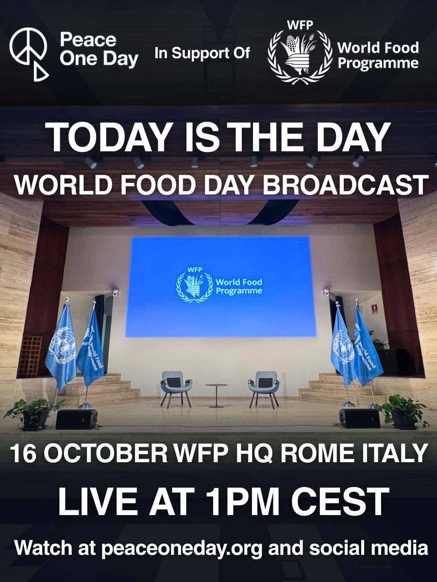 PeaceOneDay's tweet photo. Today is the day! #WorldFoodDay Broadcast, 16 October, 1pm CEST.

Live streaming across the world at https://t.co/ohGtDsCdkz and on social media.

Join the World Food Day Challenge on ShareTheMeal and help provide 1 Million meals to families facing hunger. Donate here: https://t.co/eMUGgDHWb8

@WFP @ShareTheMealorg @Unilever @SummaEquity @LambWeston @PepsiCo Bloom

#WorldFoodDay #16October #FutureofFood #ZeroHunger #FoodSecurity #EndHunger #UN #PeaceOneDay #DoYourPeace #GlobalGoals #SDGs #TurnItAround #CyberNonViolence #JeremyGilley