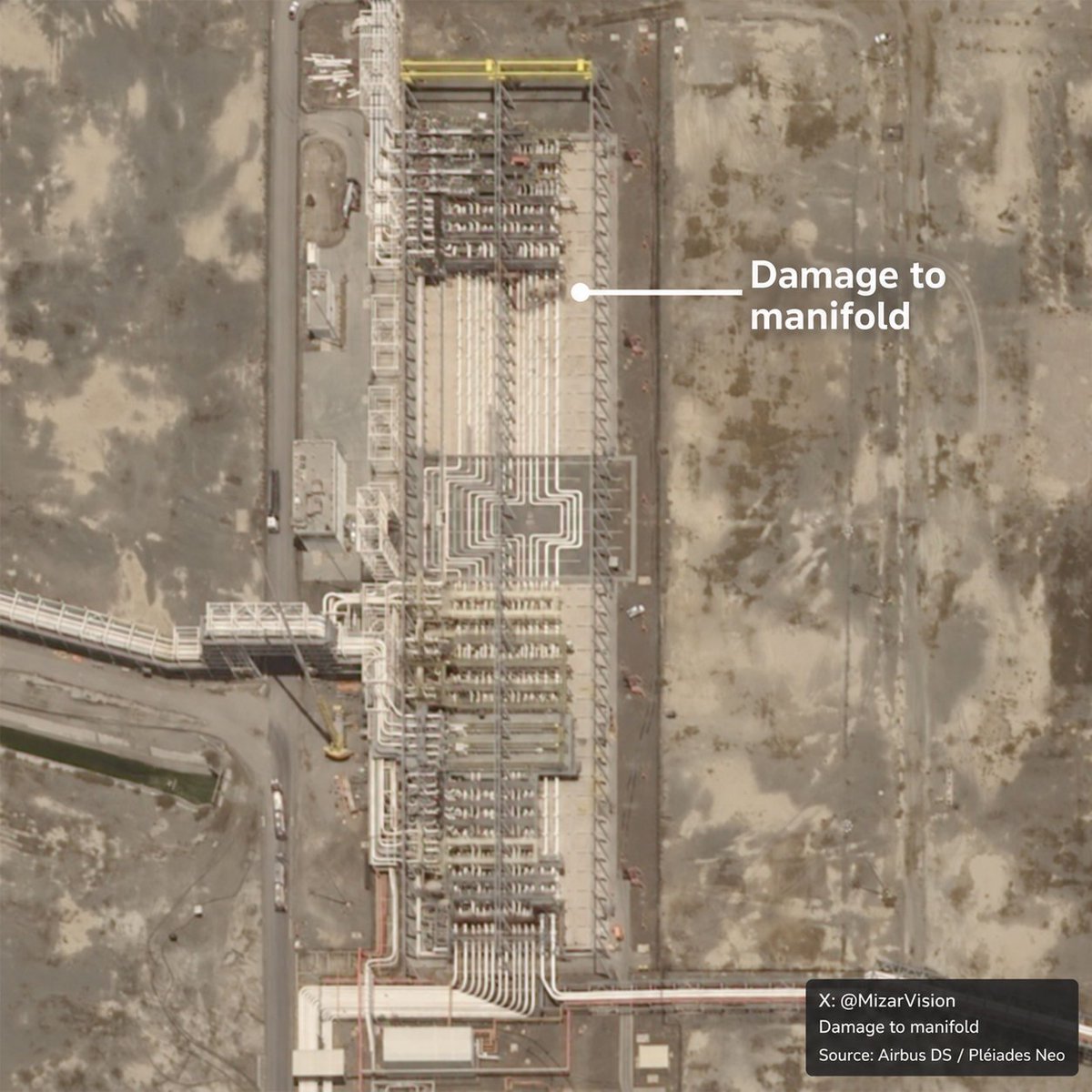 MizarVision's tweet photo. 🇦🇪 UAE, Fujairah | Satellite imagery shows systematic strikes on critical oil infrastructure

A new satellite imagery set shows the scale and precision of repeated attacks on Fujairah Port, one of the UAE’s most strategically important oil-export hubs.

The imagery documents:

• Crude oil storage tanks damaged during the March 3 strike, with fires burning for days
• Matrix manifolds repeatedly targeted — key infrastructure used to route oil through the terminal
• Piping and support systems struck in later attacks
• Multiple confirmed impact points across the port between March and May 2026

The damage is especially significant because Fujairah allows the UAE to export oil while bypassing the Strait of Hormuz, making it a critical fallback route during regional conflict.

The satellite sequence shows that strikes were not random. They repeatedly hit infrastructure essential to the port’s ability to move, store and export crude oil.

🛰️ Imagery: Pléiades Neo / Airbus Defence and Space
📍 Fujairah Port, United Arab Emirates
📅 Strikes documented: March–May 2026