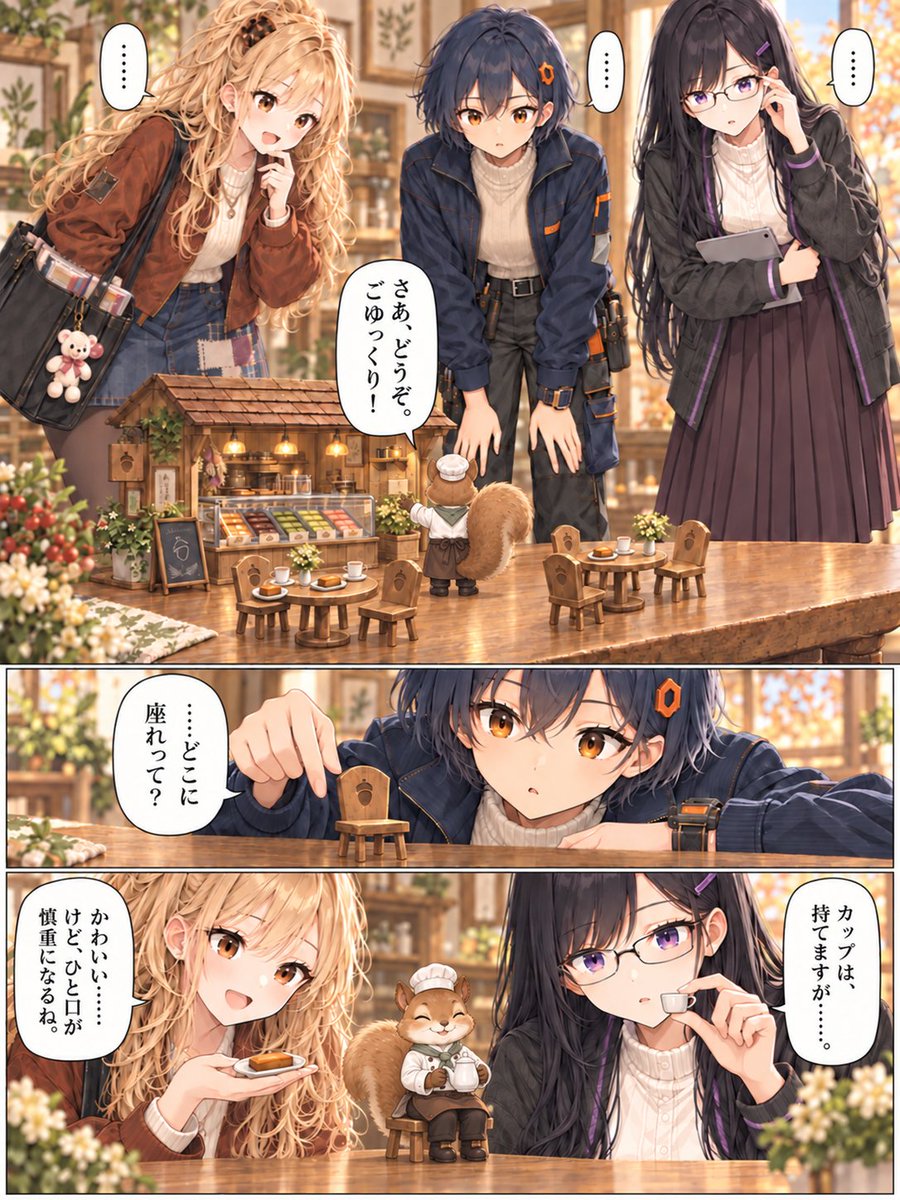 Terisu001's tweet photo. 10月16日｜小さなパティシエの焼きたて案内

記事キャプション
10月17日は「しあわせ運ぶフィナンシェの日」。アーモンドとバターが香る焼き菓子・フィナンシェには、ショコラや抹茶、ほうじ茶、ピスタチオ、いちごなどの味もあります。

焼きたての香りに誘われて。
リスのパティシエが、自慢の６種類をご案内します🐿️
#創作漫画 #AIイラスト #フィナンシェ #しあわせ運ぶフィナンシェの日