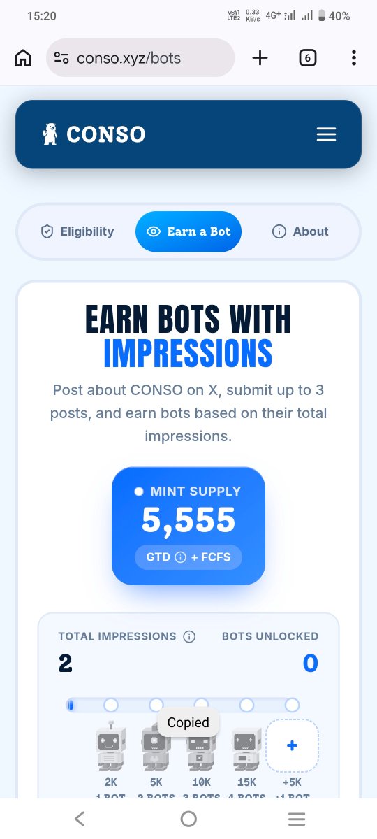 vahan_ai's tweet photo. CONSO BOTS Eligibility Checker is now LIVE 🚨

@conso_xyz

5,555 BOTS  |  Free Mint  |  Agentic Collectibles 🤖

Check your eligibility 👇
https://t.co/fcuRbyQvhs https://t.co/ESiS240FrO