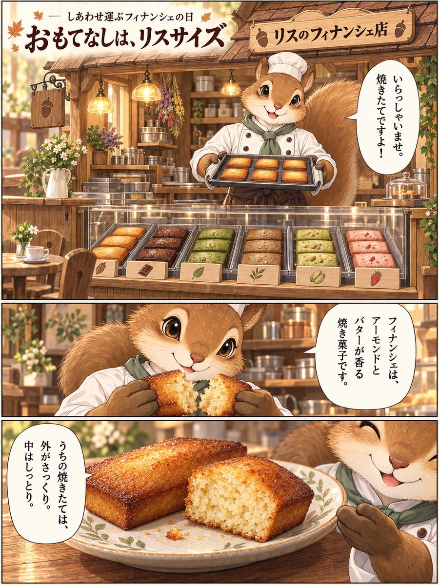 Terisu001's tweet photo. 10月16日｜小さなパティシエの焼きたて案内

記事キャプション
10月17日は「しあわせ運ぶフィナンシェの日」。アーモンドとバターが香る焼き菓子・フィナンシェには、ショコラや抹茶、ほうじ茶、ピスタチオ、いちごなどの味もあります。

焼きたての香りに誘われて。
リスのパティシエが、自慢の６種類をご案内します🐿️
#創作漫画 #AIイラスト #フィナンシェ #しあわせ運ぶフィナンシェの日
