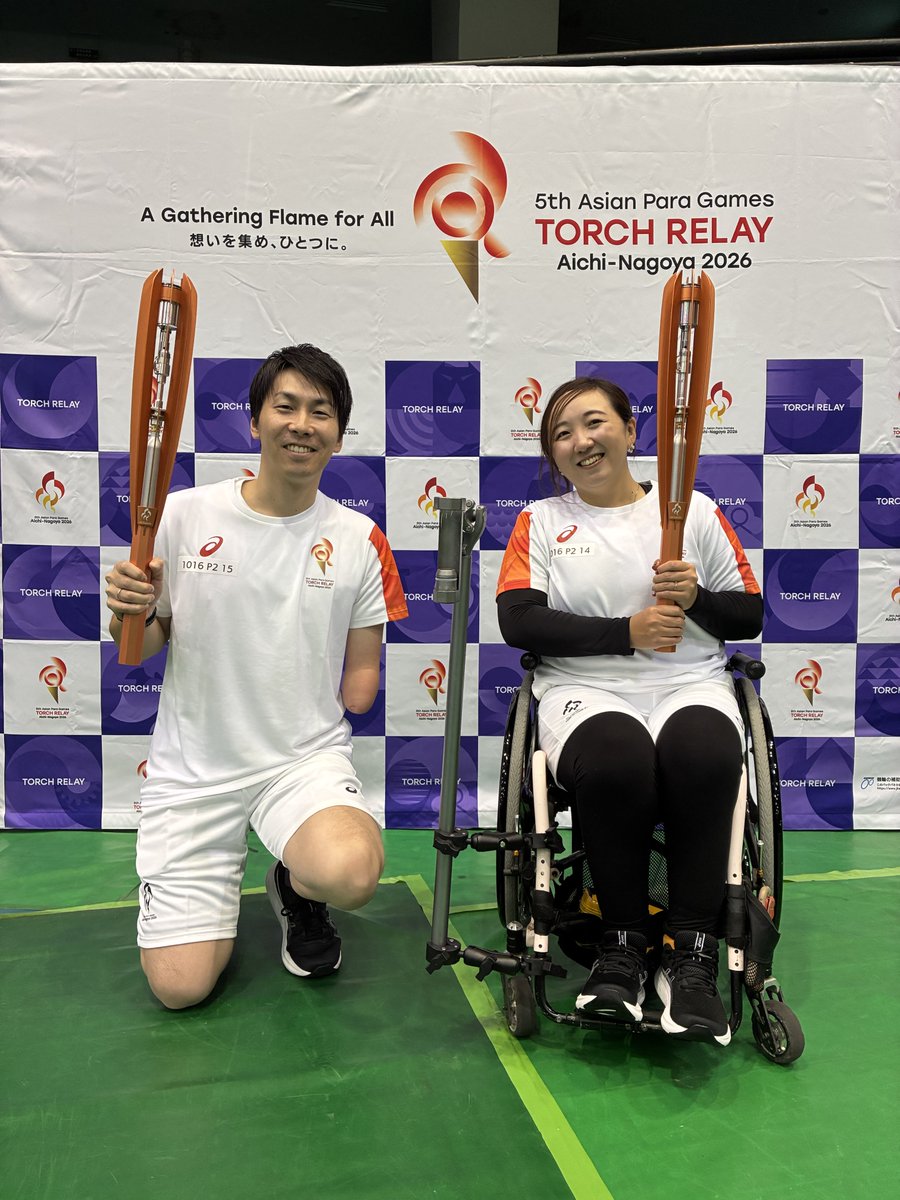 NTTPR's tweet photo. ／ 
元パラリンピックのレジェンド選手が、愛知・名古屋2026アジアパラ競技大会の聖火リレーに出場🔥
＼

NTTのグループ企業に所属する山田拓朗さん、山崎悠麻さんが、第5回アジアパラ競技大会（2026/愛知・名古屋）の聖火ランナーを務めました！
山崎さんから山田さんへとつながれた聖火は、SKE48河村優愛さんのもとへ✨✨
 
山田さんはパラ水泳、山崎さんはパラバドミントンで活躍されてきました。多くの人に勇気や希望を届けてきたお二人が、聖火リレーでもその想いをつなぎました🌈
これから始まる熱戦にもご注目ください！
 
NTTは、第5回アジアパラ競技大会（2026/愛知・名古屋）のオフィシャルサプライヤーです。
#アジアパラ大会 #AsianParaGames #聖火リレー #パラスポーツ #河村優愛 #SKE48
