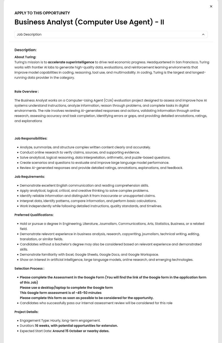 ai_workflowlab's tweet photo. TURING IS HIRING BUSINESS ANALYSTS FOR AN AI PROJECT

Remote | 16-week contract
Laptop required
A degree isn't mandatory if you have relevant skills.

Your tasks include evaluating AI responses, conducting research, and solving reasoning problems.

Assessment takes 45–50 minutes.

Research, writing, data analysis, and Excel skills are a plus

Application link in the comments. Share with someone who needs this opportunity.