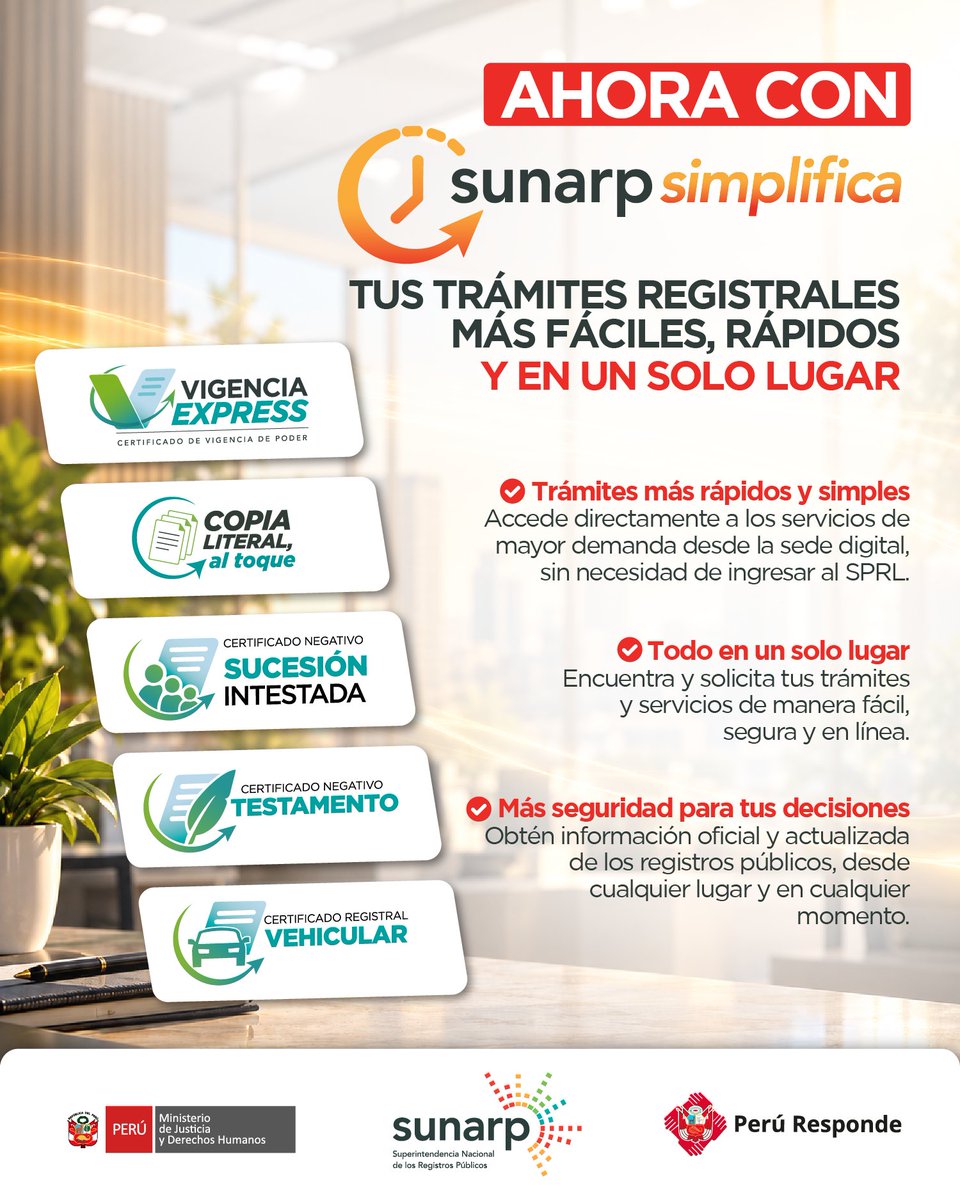 SunarpOficial's tweet photo. #NoticiasSunarp | ¡La Sunarp avanza hacia una gestión más moderna y eficiente! En el marco de su 32.° aniversario, se publicaron en El Peruano tres importantes medidas para los servicios registrales:
✅ Sunarp Simplifica: acceso más directo a los servicios de publicidad registral https://t.co/5C6LJBOvH7