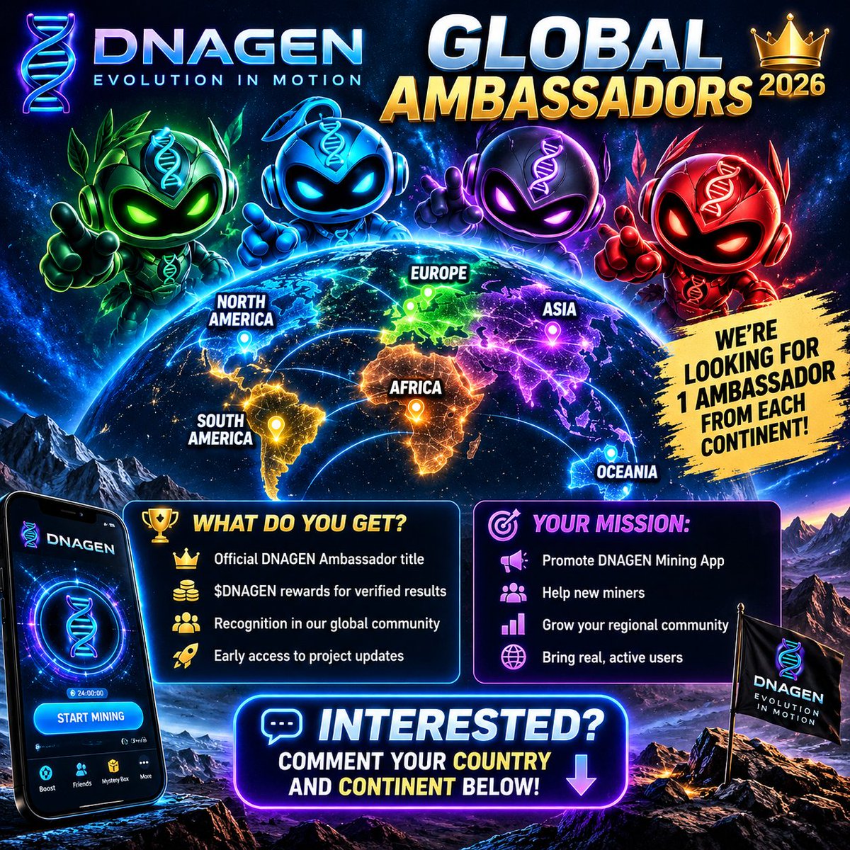 DnaGenCoin's tweet photo. 🌍🧬 DNAGEN GLOBAL AMBASSADORS!

🚀 We're looking for ONE ambassador from each continent!

🌍 Africa
🌏 Asia
🌍 Europe
🌎 North America
🌎 South America
🌏 Oceania

🏆 What do you get?
✅ Official DNAGEN Ambassador title
✅ $DNAGEN rewards for verified results
✅ Recognition in our global community
✅ Early access to project updates

🎯 Your mission:
🔹 Promote DNAGEN Mining App
🔹 Help new miners
🔹 Grow your regional community
🔹 Bring real, active users

📱 More ambassador positions are planned after our iOS launch!

💬 INTERESTED?

Comment your COUNTRY and CONTINENT below! 👇

🧬 DNAGEN — Evolution in Motion.

#DNAGEN #Web3 #Ambassadors