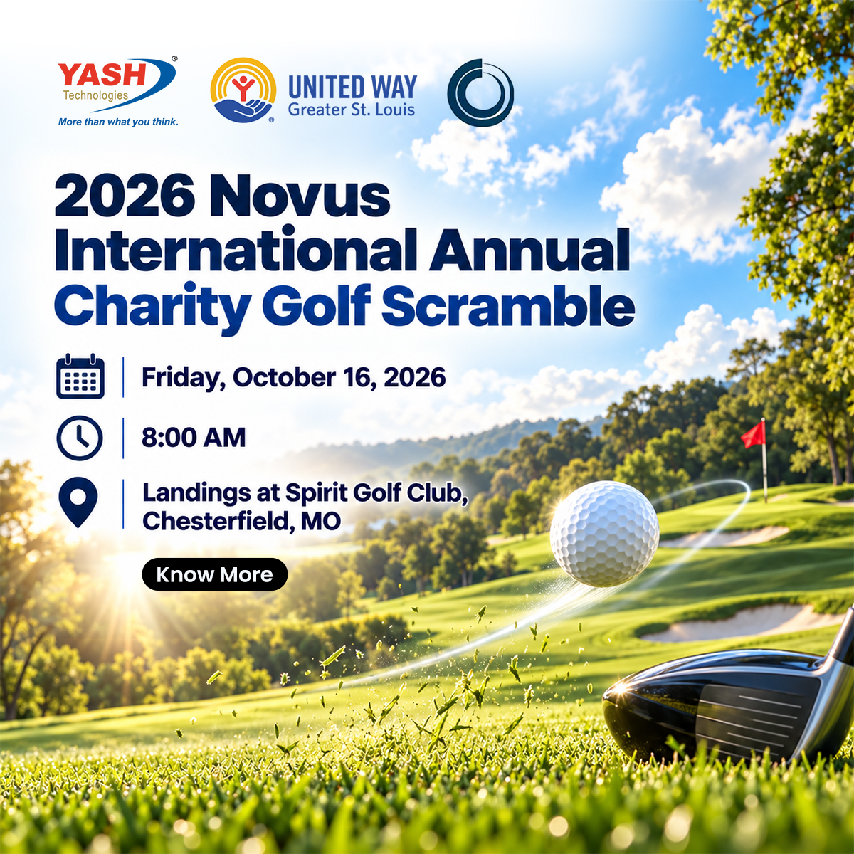 YASH_Tech's tweet photo. YASH Technologies is the Platinum Sponsor of the Novus International Golf Tournament, supporting the United Way of Greater St. Louis. Inspired by Novus International’s commitment to philanthropy, we’re privileged to be associated with an initiative that brings people together to make a positive difference in the community. 

See you there! ✨ 
🔗 https://t.co/JlHOm96d2D

#YASHTechnologies #UnitedWay #Golf #Charity