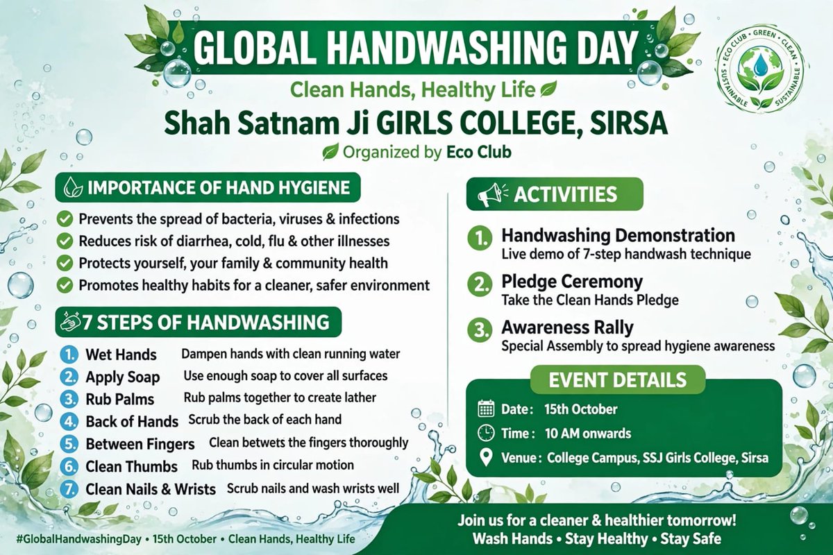 ssjgcsirsa1997's tweet photo. The Eco Club of Shah Satnam Ji Girls’ College, Sirsa, celebrated Global Handwashing Day on 15 October with the theme “Clean Hands, Healthy Life” through a special assembly organised on the college campus from 10:00 a.m. onwards.
#GlobalHandwashingDay #HandHygiene #HealthAwareness https://t.co/Ti7RR8eobK